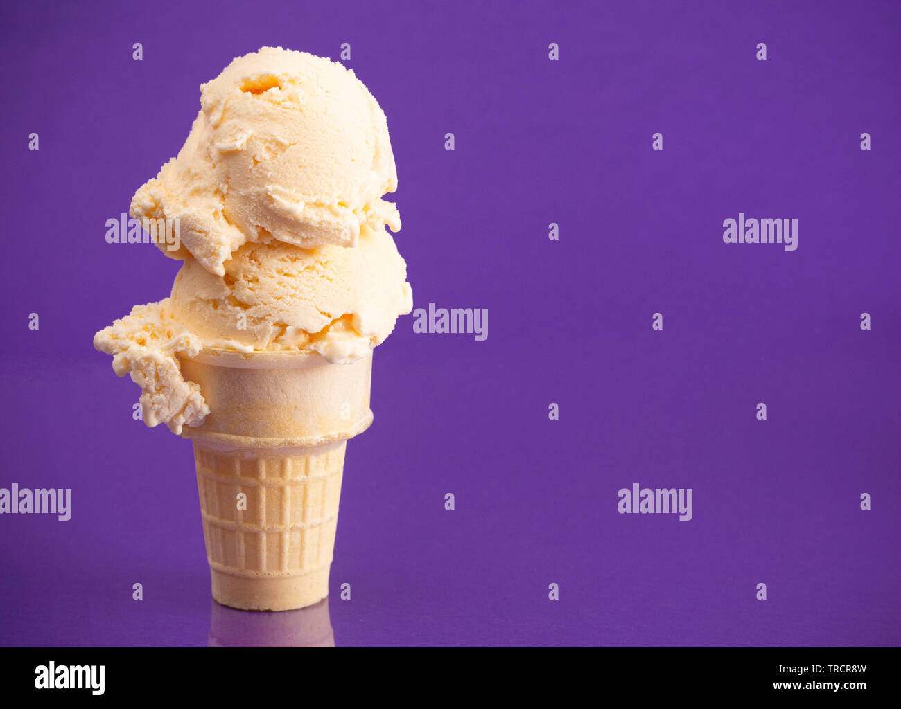 Double Scoop Vanilla Ice Cream Cone on a Purple Background Stock Photo