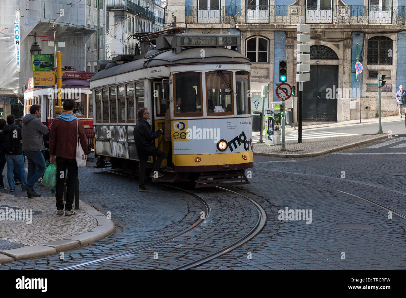 Trams in Largo Madalena, Lisbon, Portugal Stock Photo