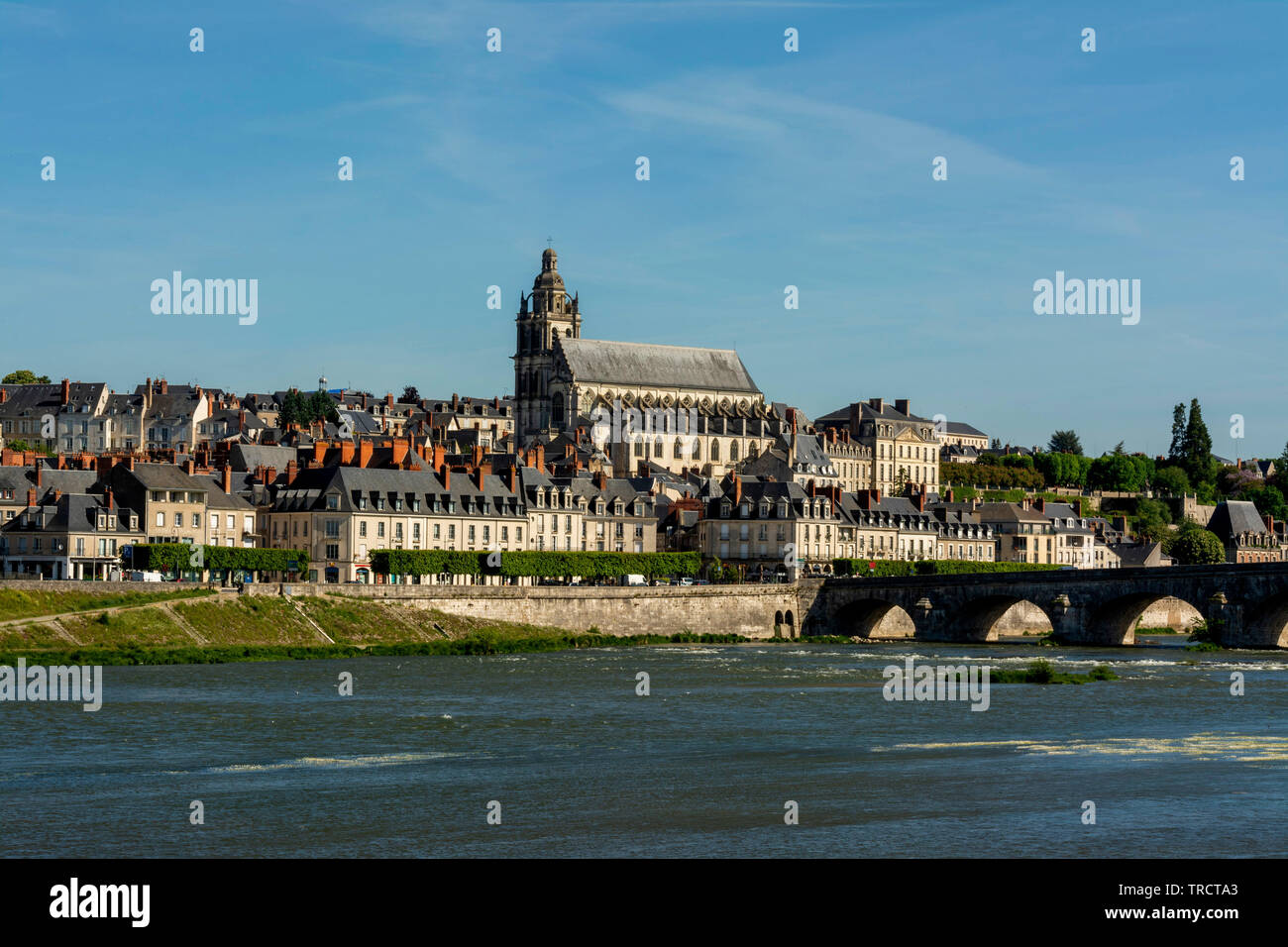 Town of Blois and Cathedral Saint-Louis on the Loire River, Blois city, Loire-et-Cher department, Centre-Val de Loire, France, Europe Stock Photo