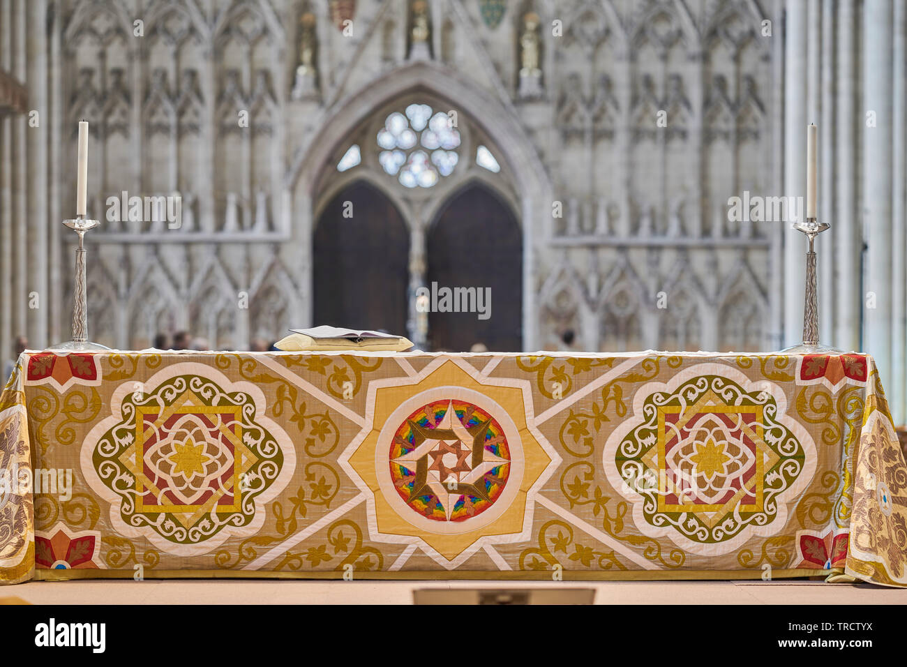 Decorated cloth on a main altar at York minster cathedral, England. Stock Photo