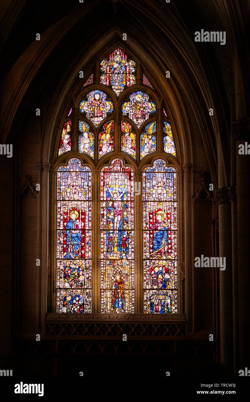Medieval stained glass window at York minster cathedral, England, of the crucifixion of Jesus