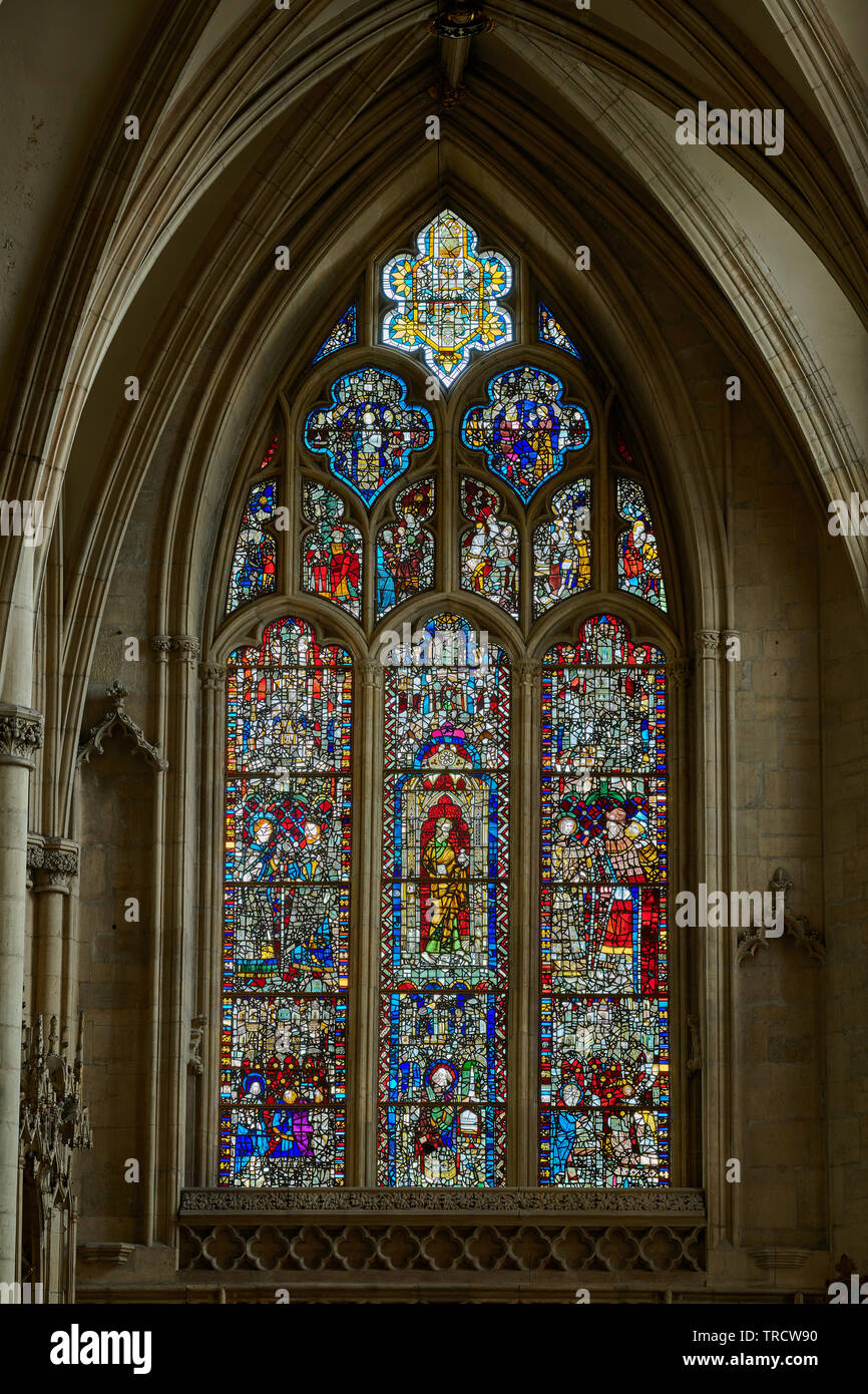 Medieval stained glass window at York minster cathedral, England Stock
