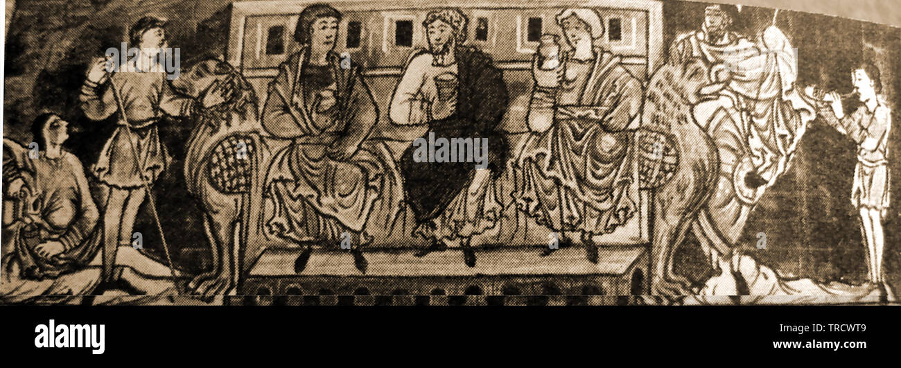 Anglo Saxon domestic scene, noblemen drinking together - Servants (churls or thralls) , a musician and a bodyguard stand by  whilst the host's wife sits nearby - From an illustration of the time Stock Photo