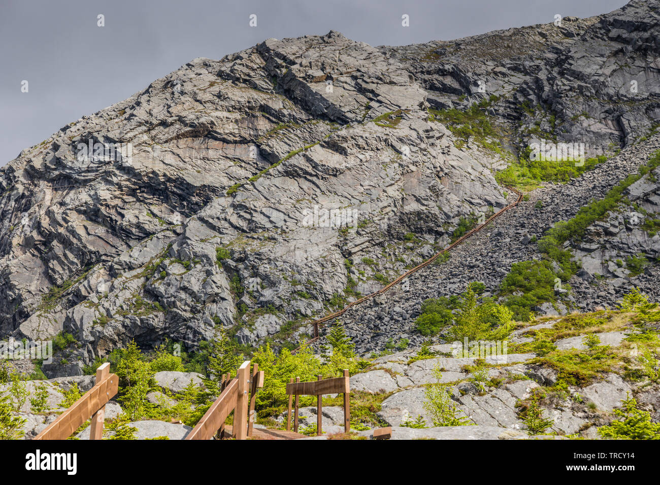New stairway climbing Mount Gullsvagfjellet, Vega Island, Norway. Stock Photo