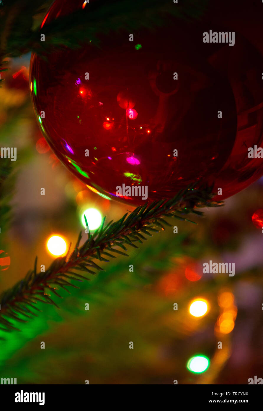 Part of big red ball on Christmas tree with reflection of photographer ...