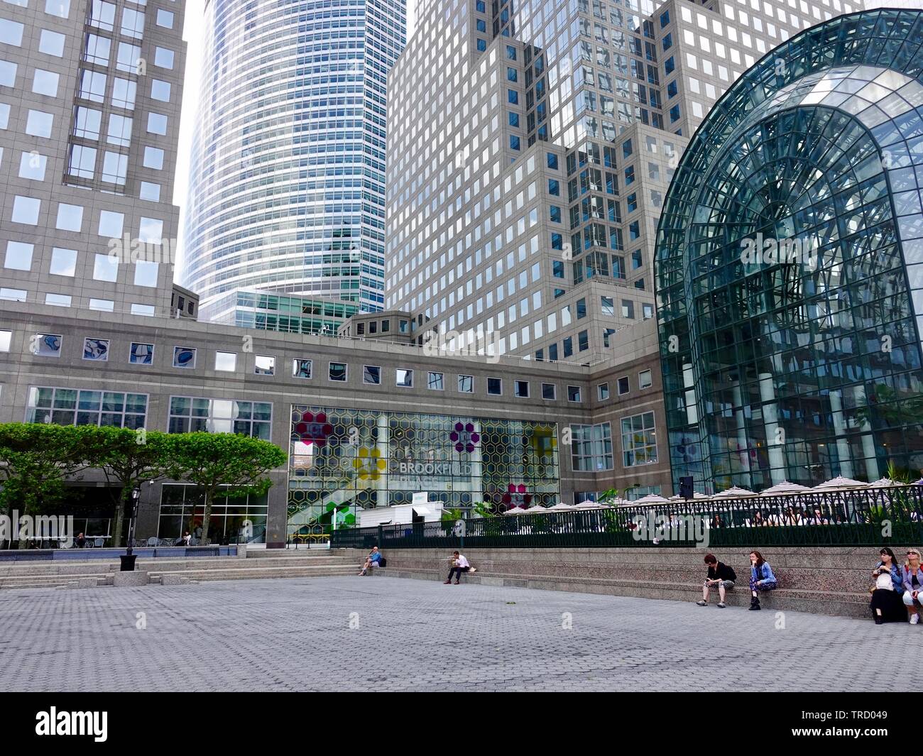 Exterior, harbor side entrance to Brookfield Place Mall showing lots of glass and architecturally interesting buildings, Lower Manhattan, NY, NY, USA Stock Photo