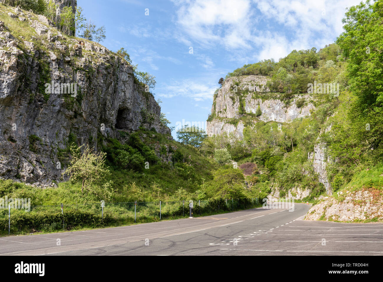 Cheddar Gorge is a limestone gorge in the Mendip Hills, Cheddar, Somerset, England, U Stock Photo