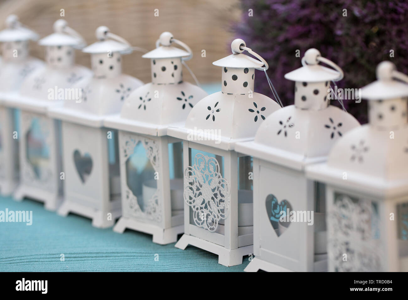 Row of white decorative retro lanterns Stock Photo Alamy