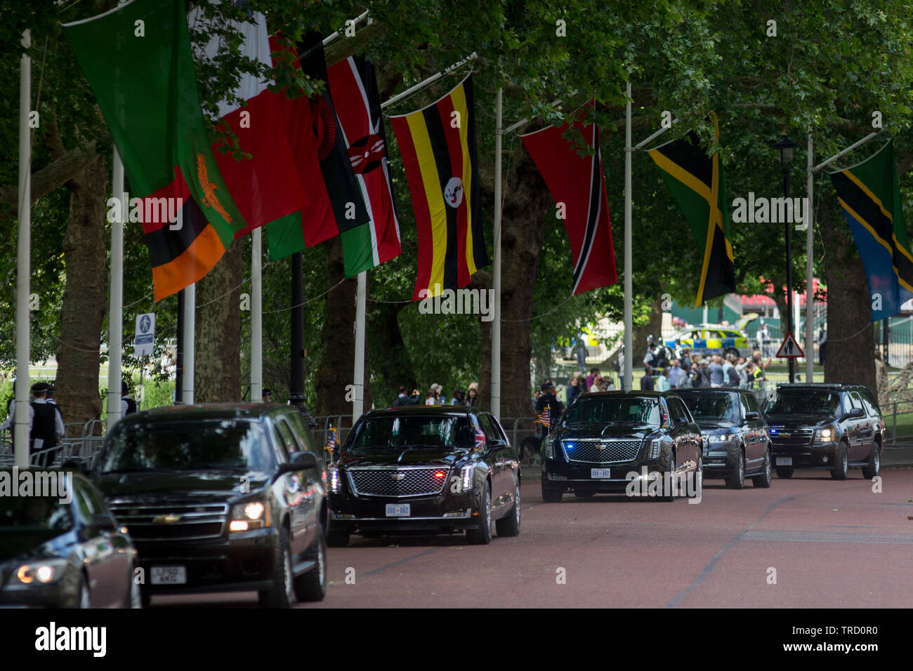 On US President Donald Trump's first day of a controversial three-day state visit to the UK by the 45th American President, his Presidential cavalcade makes its way along Horseguards en-route to Westminster Abbey, on 3rd June 2019, in London England. Stock Photo