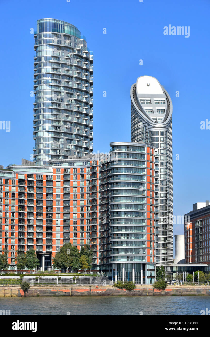 New housing in landmark skyscraper apartment blocks at riverside