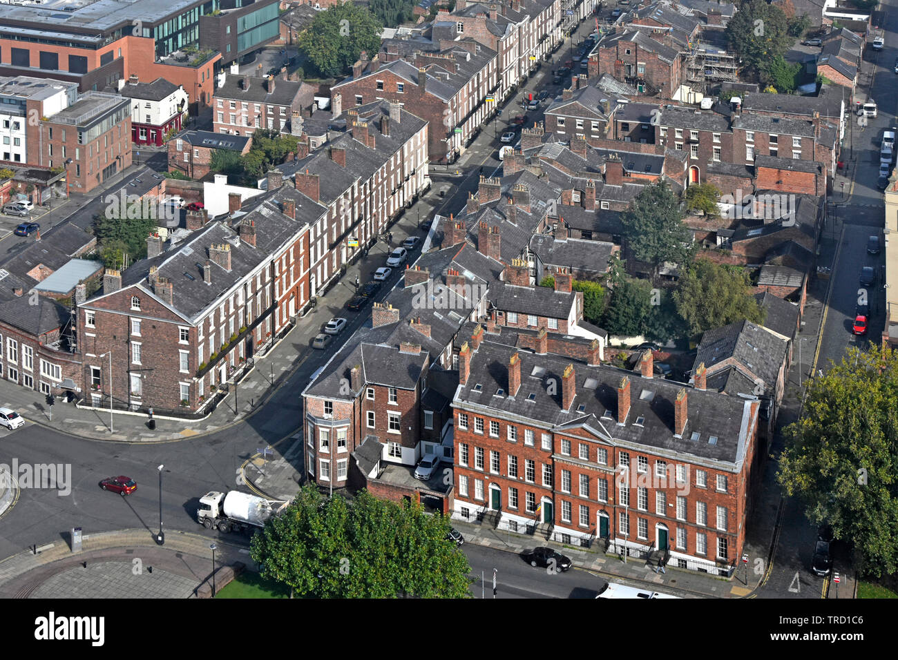 Aerial birds eye street scene view of row 1700s Georgian terraced houses looking down on slate rooftops in Rodney Street City of Liverpool England UK Stock Photo