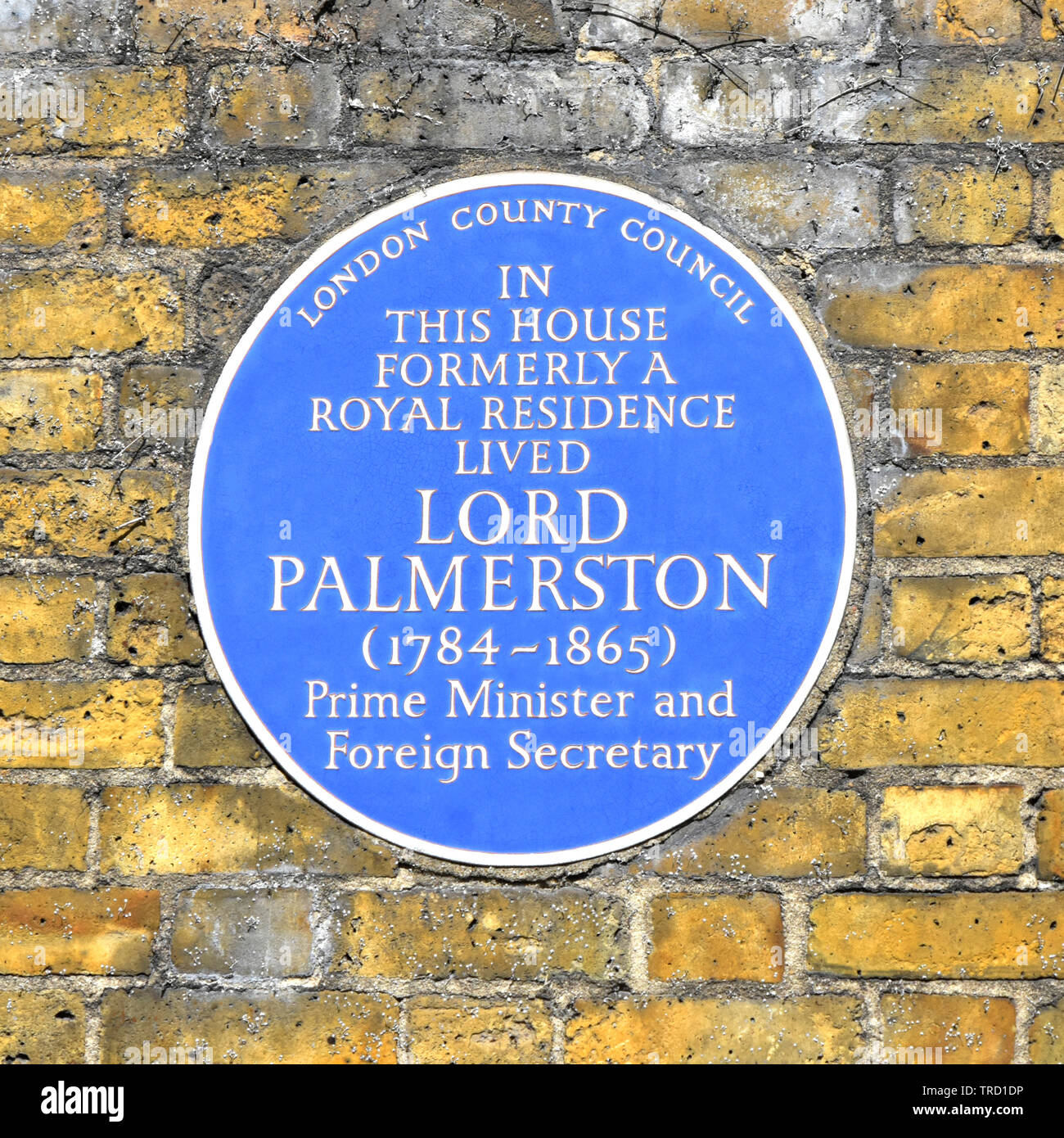 London County Council famous people blue brick wall plaque lived at this house historical fame of  Prime Minister Lord Palmerston London England UK Stock Photo
