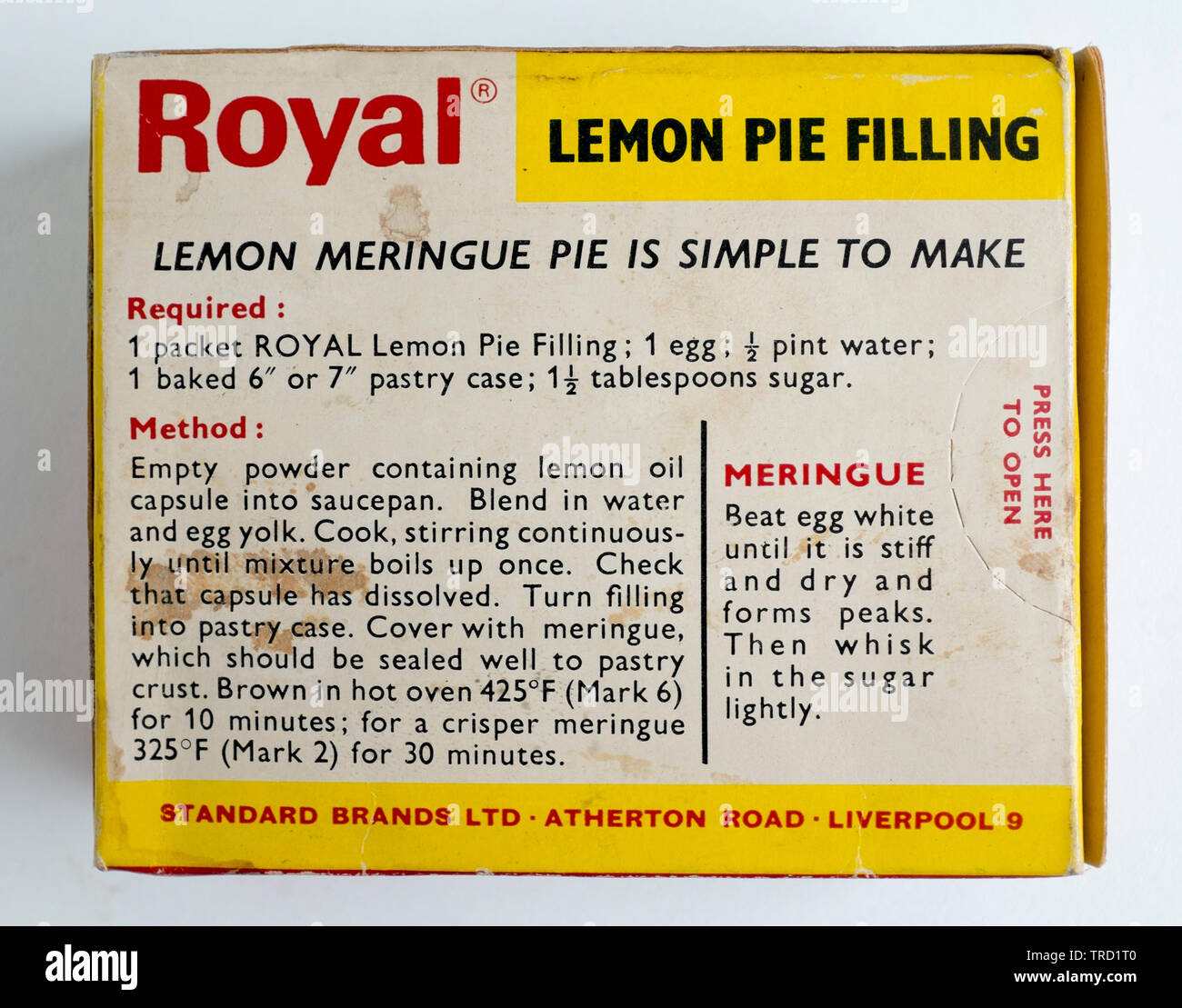 A vintage box pack of Lemon Meringue Pie Filling Stock Photo