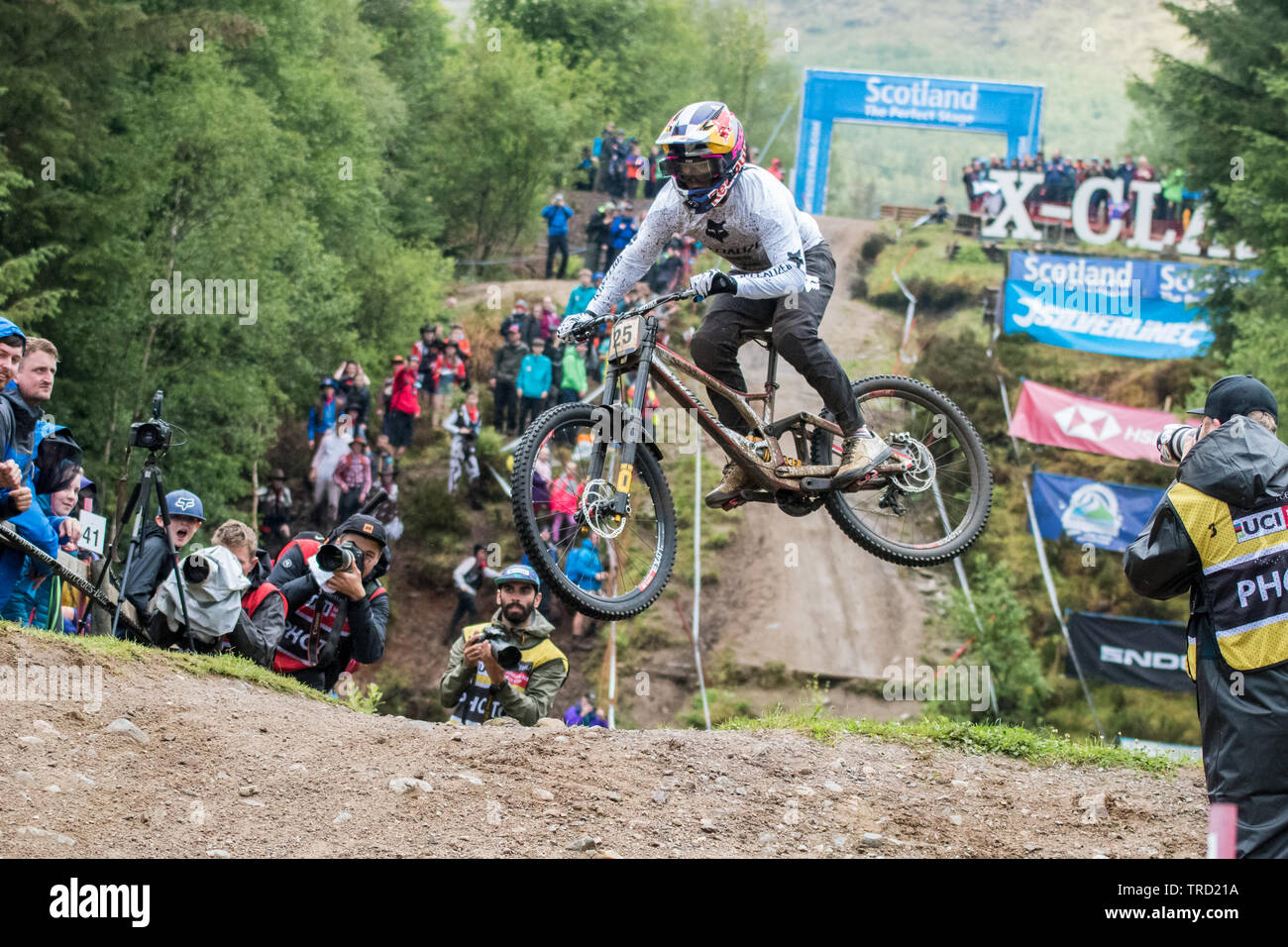 Finn Iles racing in the UCI Mountain Bike World Cup 2019 Stage 2 elite men's final, Fort William, Scotland, UK Stock Photo
