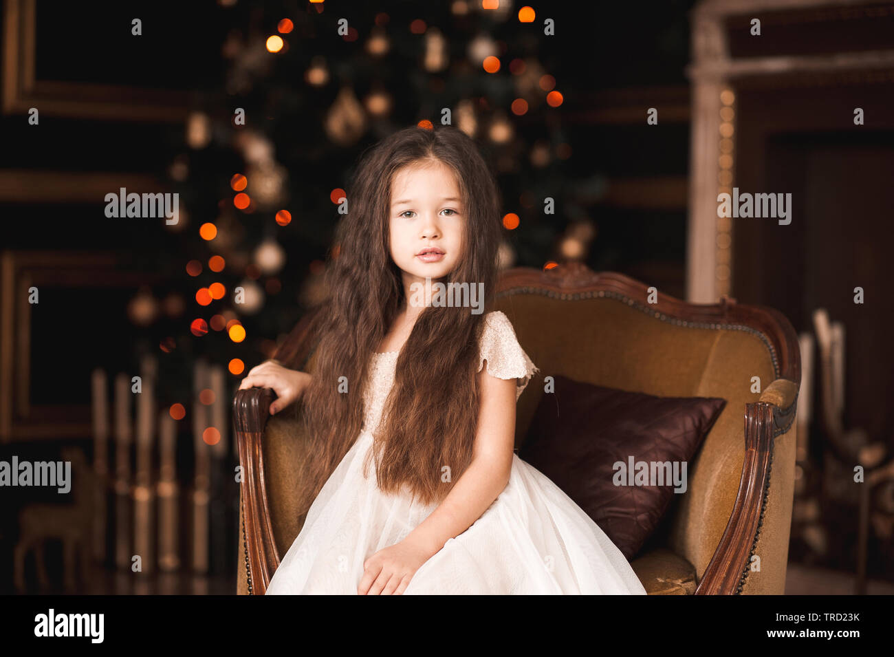 Cute Baby Girl 4 5 Year Old Sitting In Retro Armchair Over