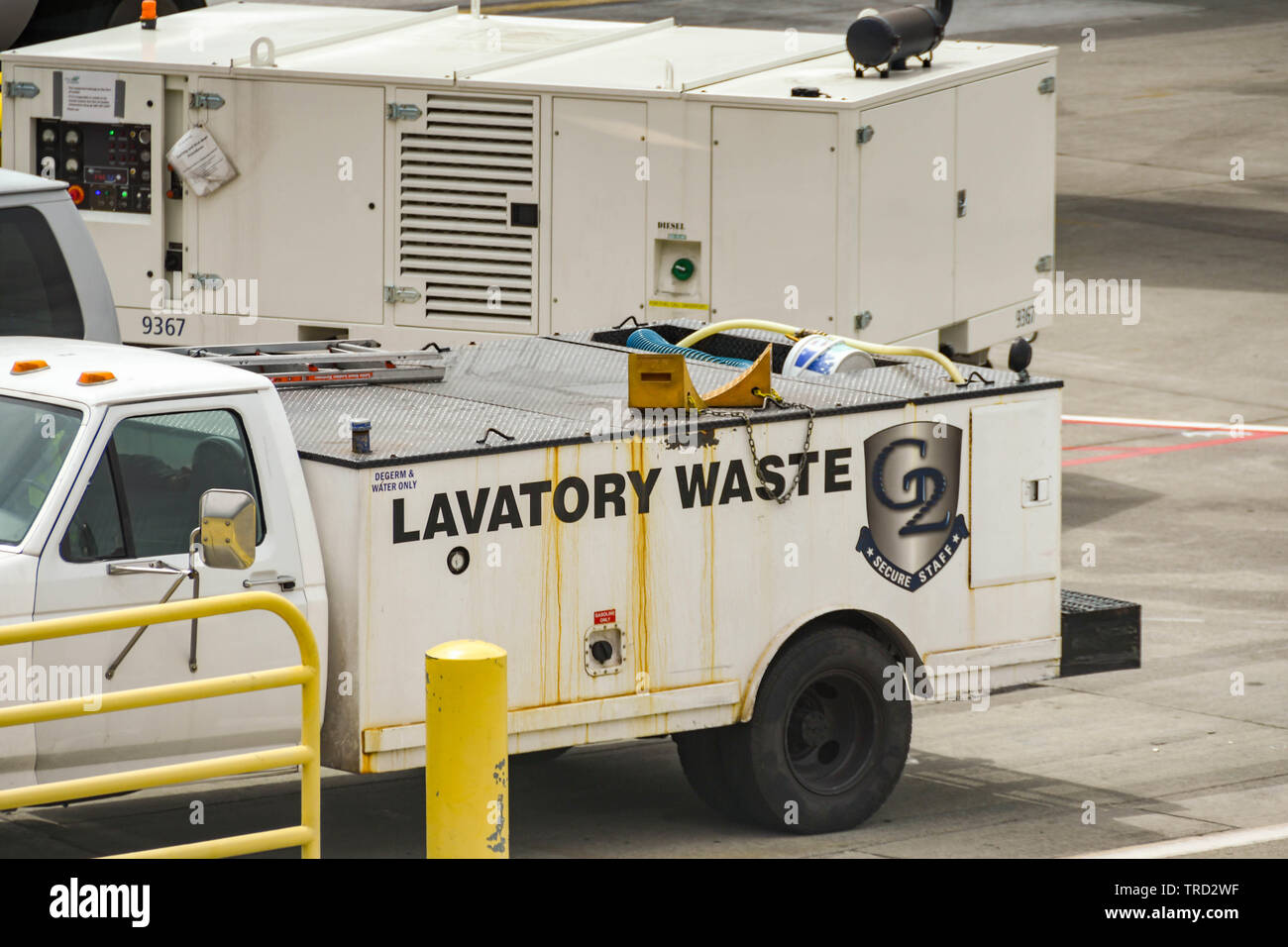 SEATTLE TACOMA AIRPORT, WA, USA - JUNE 2018: Truck for emptying aircraft toilets at Seattle Tacoma airport Stock Photo
