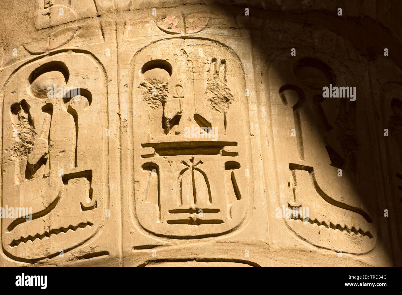 Partially defaced cartouches on a column in the Great Hypostyle Hall, Temple of Amun, Karnak, Luxor, Egypt Stock Photo