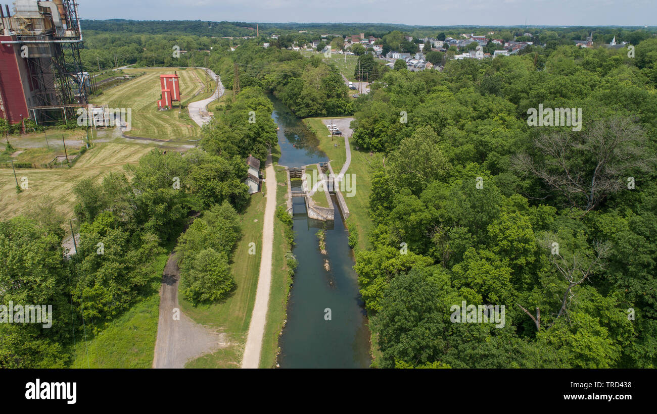 Scenic Aerial Drone View of Historic Chesapeake & Ohio Canal Lock and Dam Structure Towpath Trail National Historical Park Hagerstown Maryland, USA Stock Photo