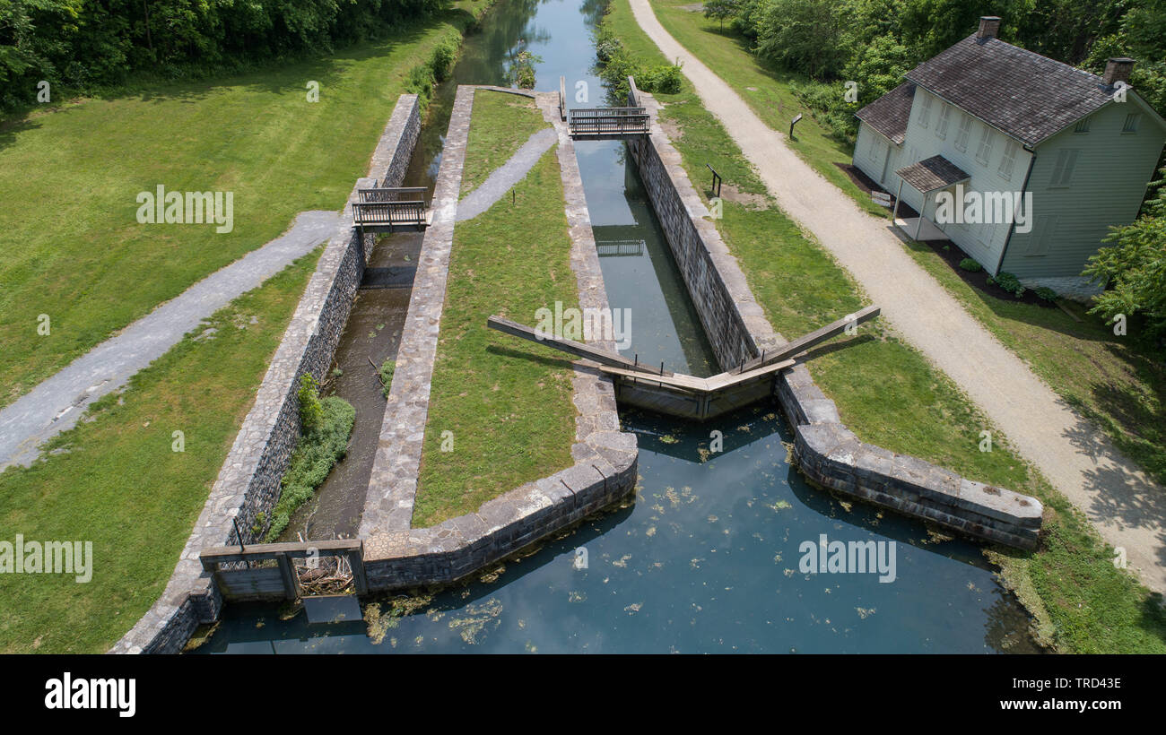 Scenic Aerial Drone View of Historic - Scenic Aerial Drone View Of Historic Chesapeake Ohio Canal Lock And Dam Structure Towpath Trail Old Lock Tender Building Hagerstown Maryland Usa TRD43E 