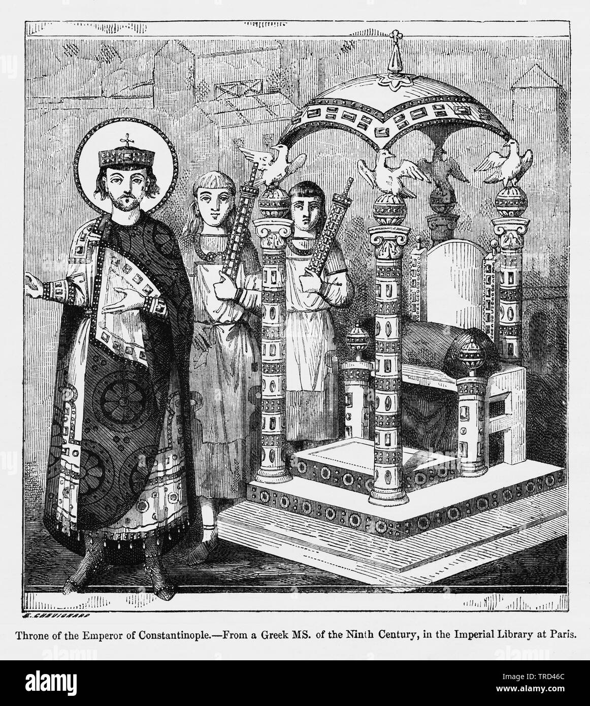 Throne of the Emperor of Constantinople, from a Greek Manuscript of the Ninth Century, in the Imperial Library of Paris, Illustration from John Cassell's Illustrated History of England, Vol. I from the earliest period to the reign of Edward the Fourth, Cassell, Petter and Galpin, 1857 Stock Photo