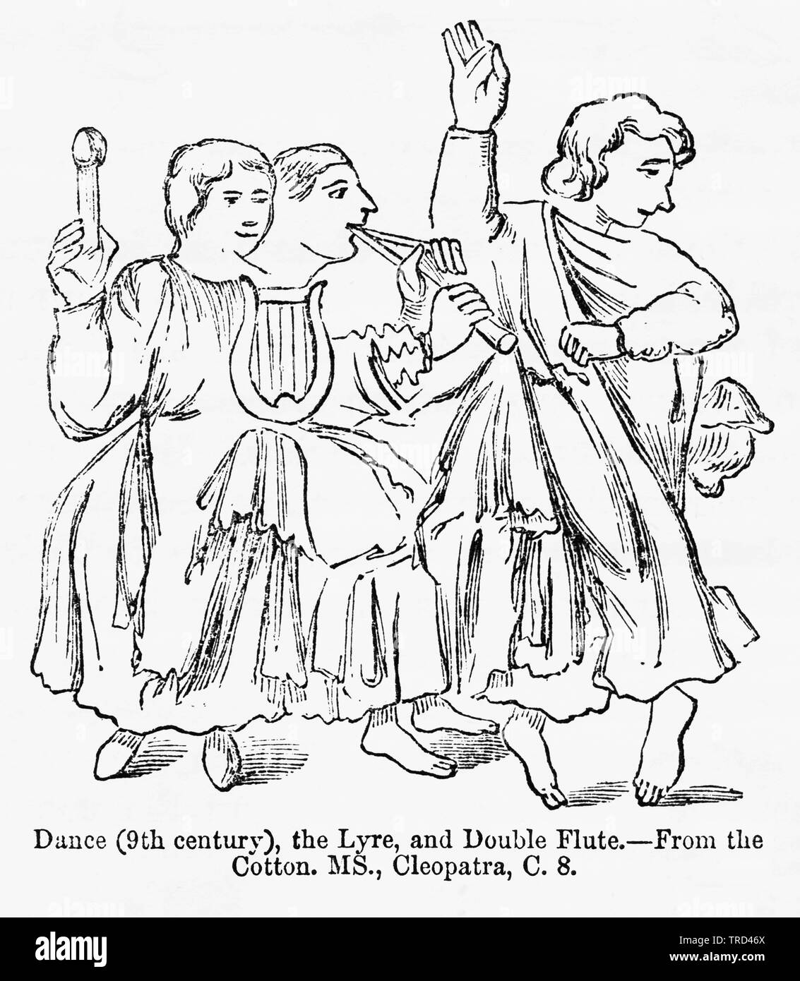Dance (9th century), the Lyre, and Double Flute, From the Cotton, Manuscript, Cleopatra, C. 8, Illustration from John Cassell's Illustrated History of England, Vol. I from the earliest period to the reign of Edward the Fourth, Cassell, Petter and Galpin, 1857 Stock Photo