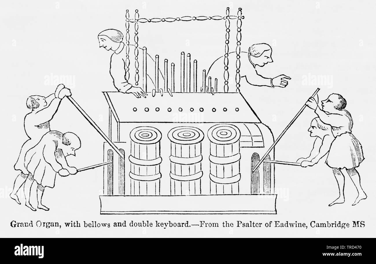 Grand Organ, with Bellows and Double Keyboard, From the Psalter of Eadwine, Cambridge Manuscript, Illustration from John Cassell's Illustrated History of England, Vol. I from the earliest period to the reign of Edward the Fourth, Cassell, Petter and Galpin, 1857 Stock Photo