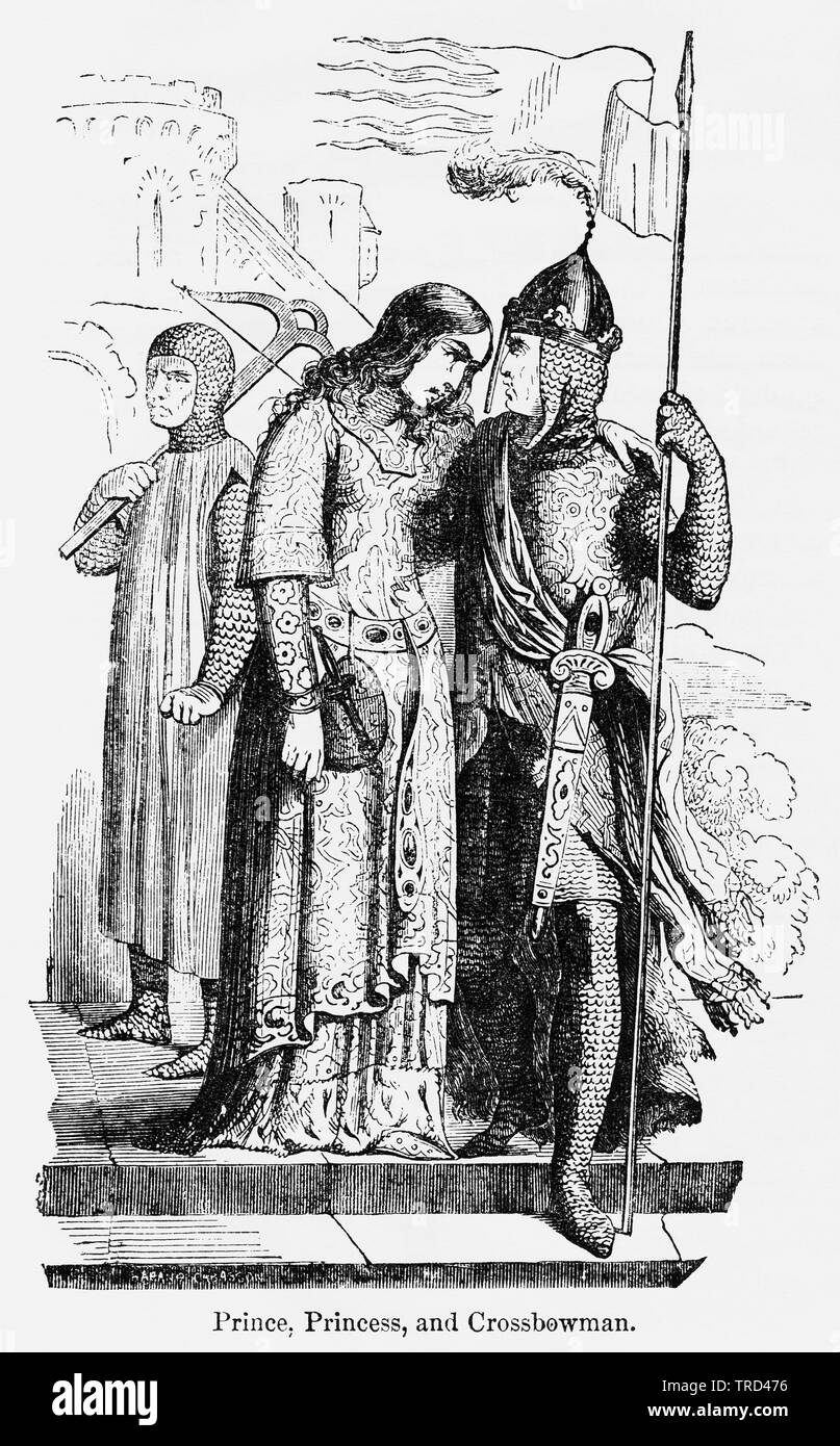 Prince, Princess, and Crossbowman, Illustration from John Cassell's Illustrated History of England, Vol. I from the earliest period to the reign of Edward the Fourth, Cassell, Petter and Galpin, 1857 Stock Photo