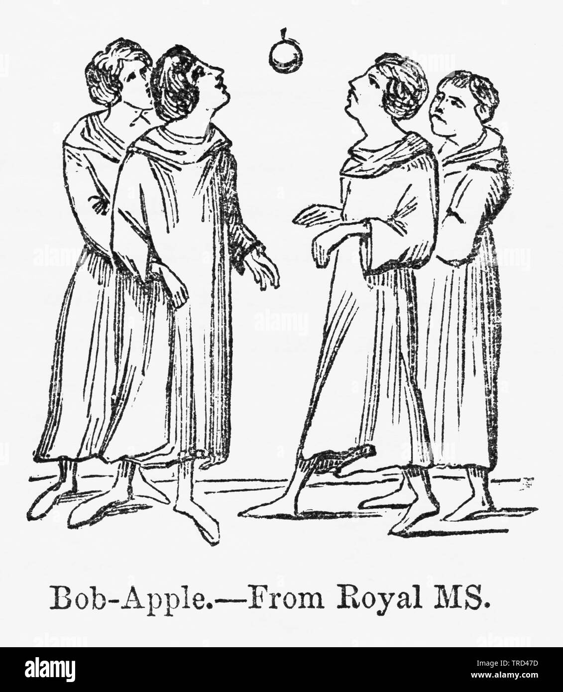Bob-Apple, from Royal MS, Small Group of Men Bobbing for an Apple, Illustration from John Cassell's Illustrated History of England, Vol. I from the earliest period to the reign of Edward the Fourth, Cassell, Petter and Galpin, 1857 Stock Photo