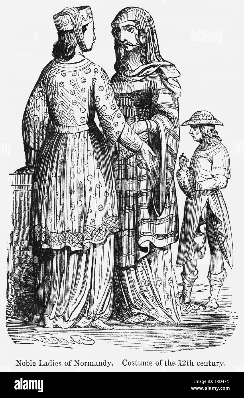 Noble Ladies of Normandy, Costume of the 12th century, Illustration from John Cassell's Illustrated History of England, Vol. I from the earliest period to the reign of Edward the Fourth, Cassell, Petter and Galpin, 1857 Stock Photo