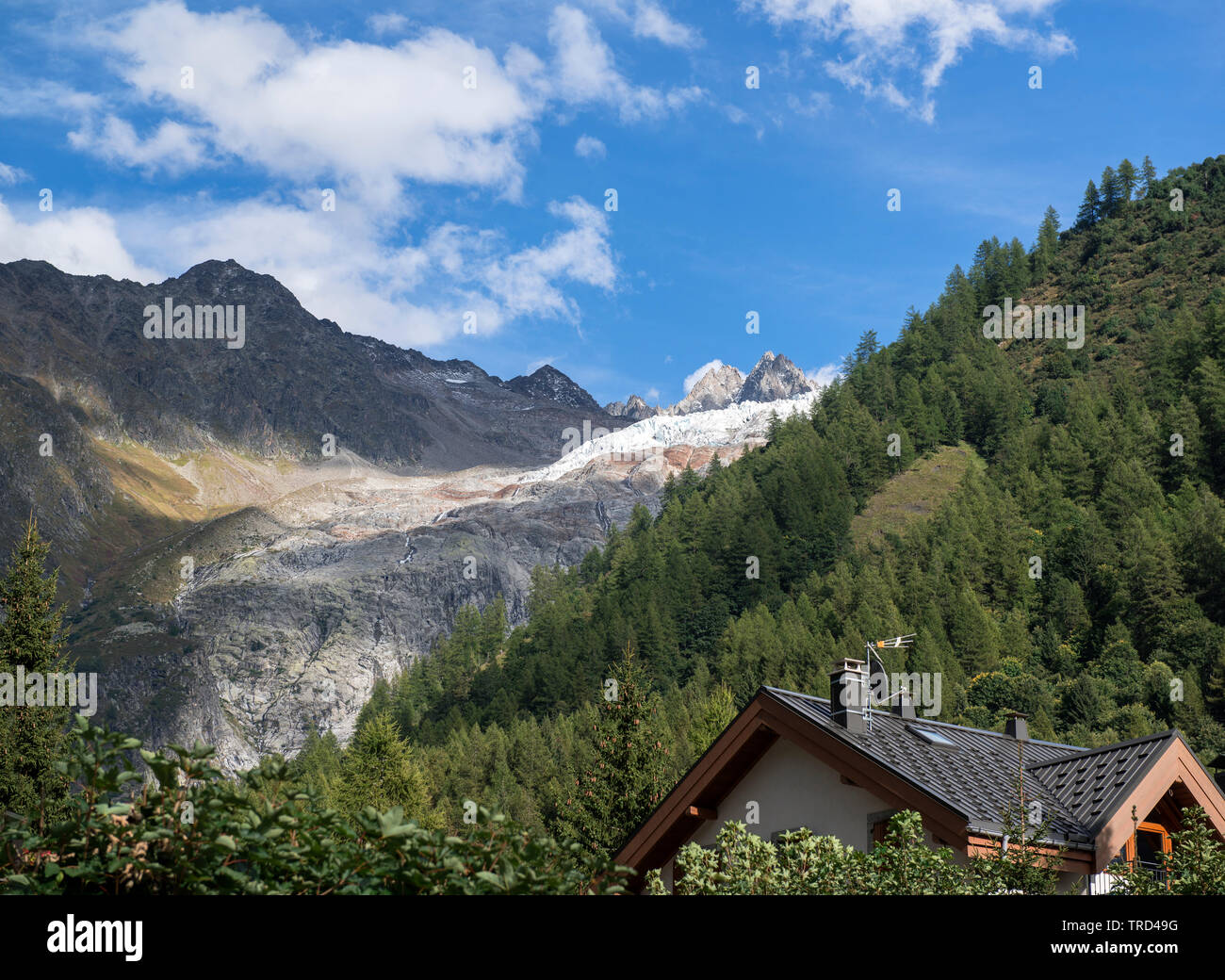 French Alps above the rooftops of Chamonix, Savoy, France, Europe Stock Photo