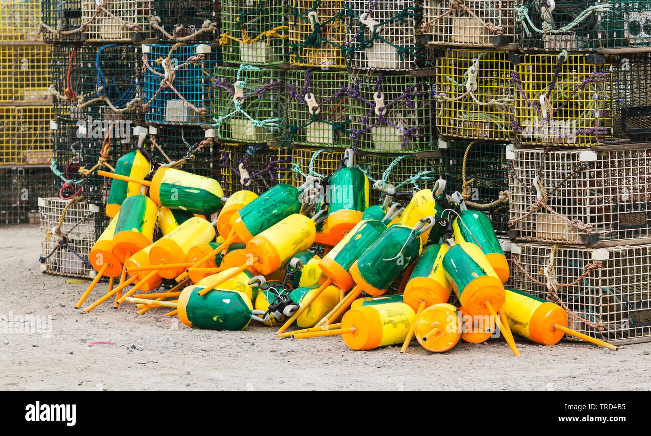 Lobster traps and buoys to identify the owners are stacked on top of