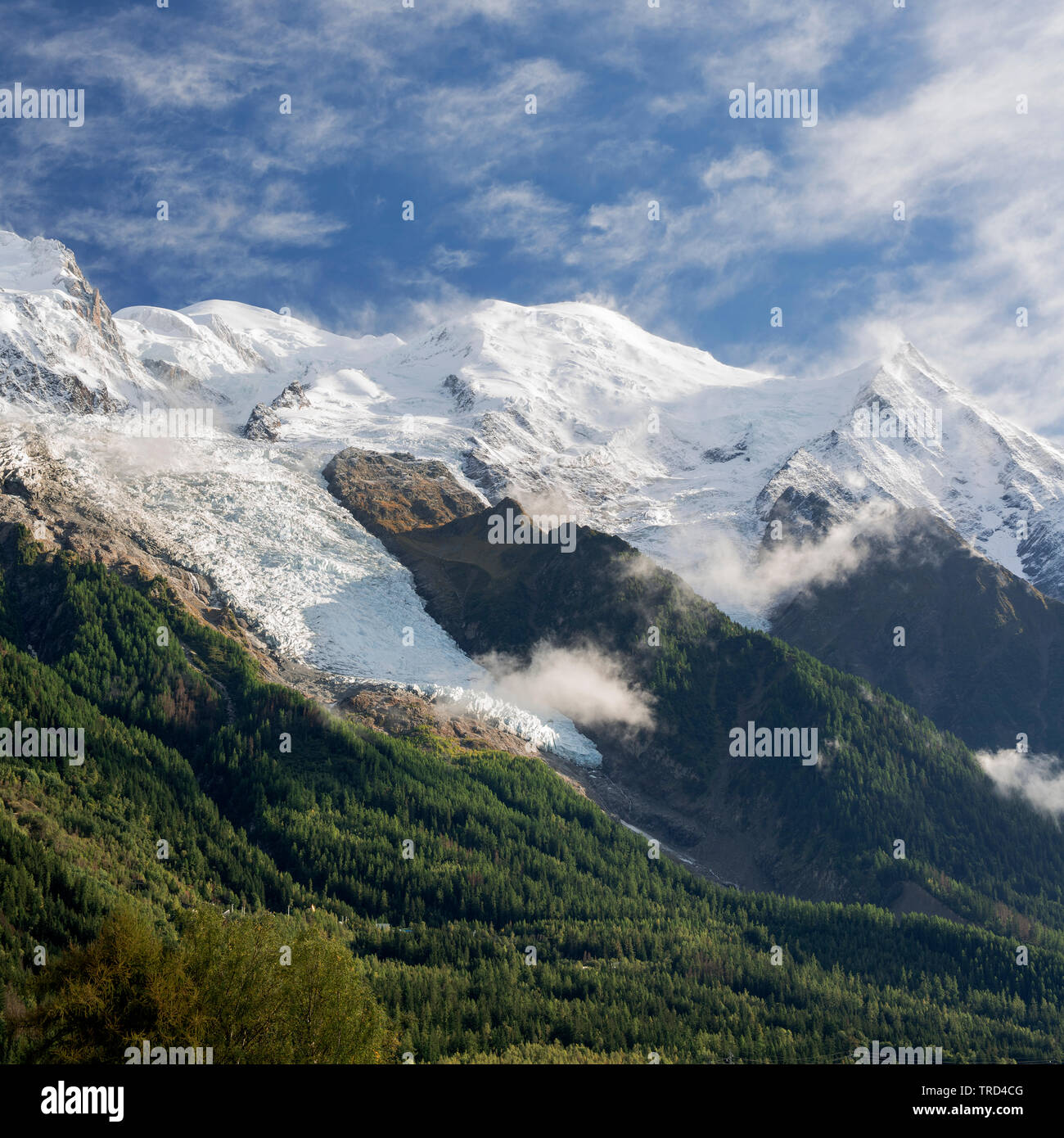 Mont Blanc Summit from Chamonix town, Chamonix, French Alps, Savoy, France, Europe Stock Photo