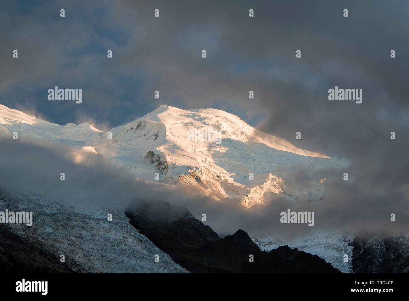 Mont Blanc Summit at sunset from Chamonix town, Chamonix, French Alps, Savoy, France, Europe Stock Photo