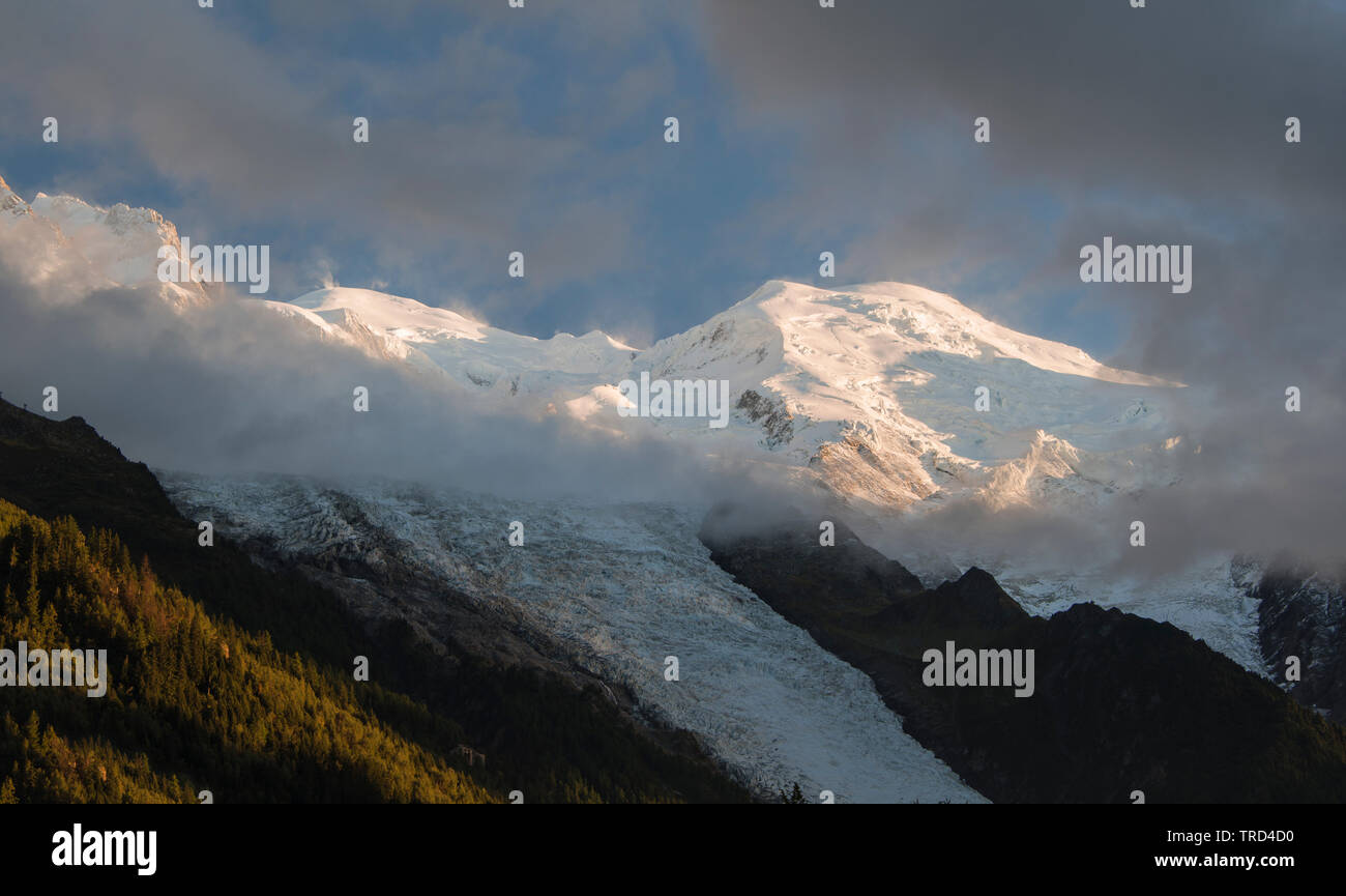 Mont Blanc Summit at sunset from Chamonix town, Chamonix, French Alps, Savoy, France, Europe Stock Photo