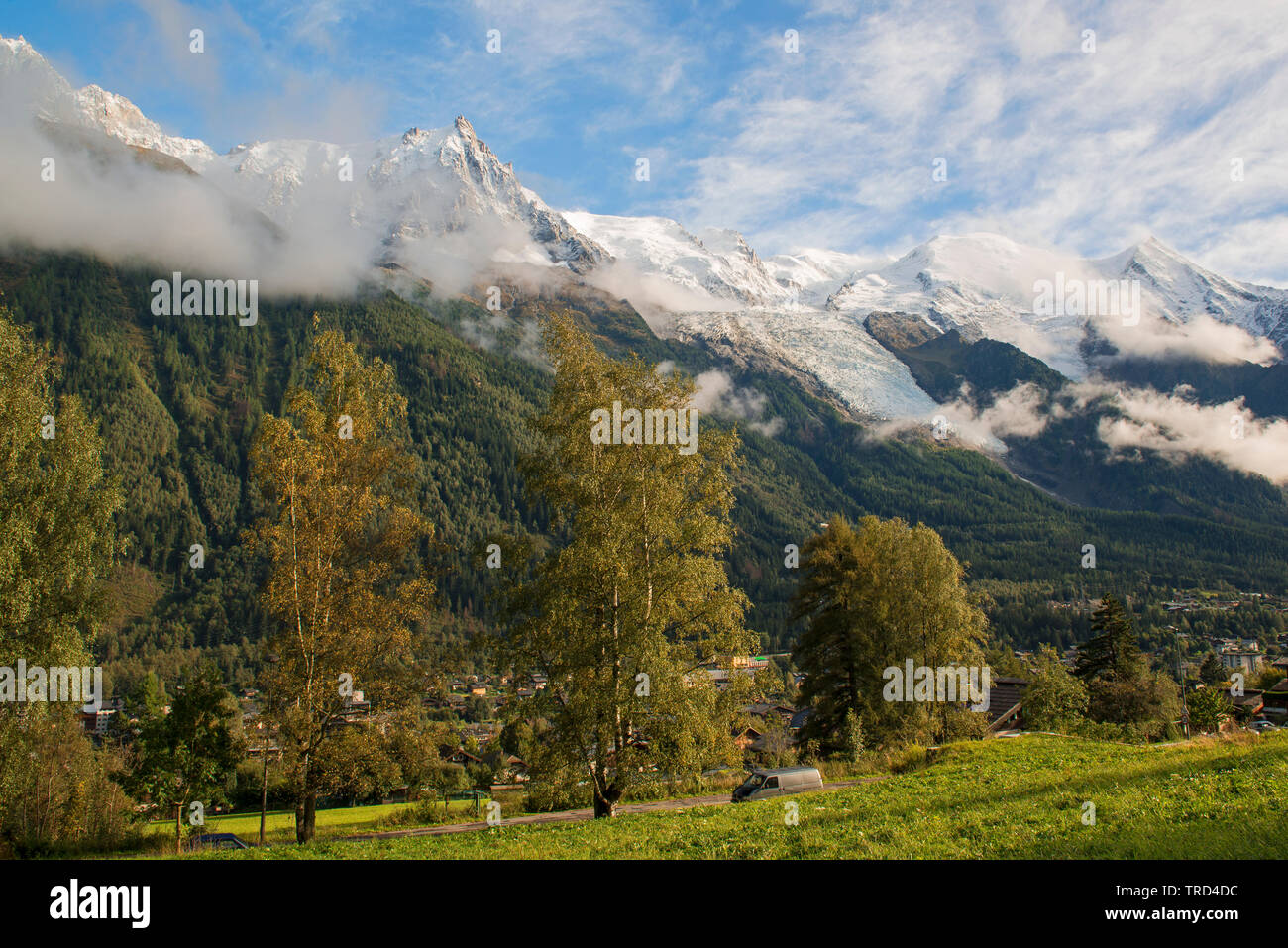 Mont Blanc over Chamonix town, Chamonix, French Alps, Savoy, France, Europe Stock Photo