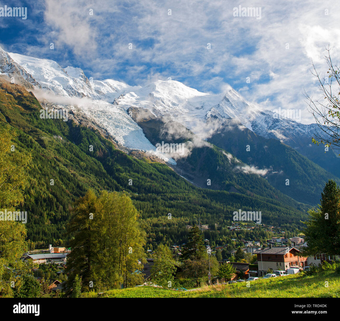 Mont Blanc over Chamonix town, Chamonix, French Alps, Savoy, France, Europe Stock Photo