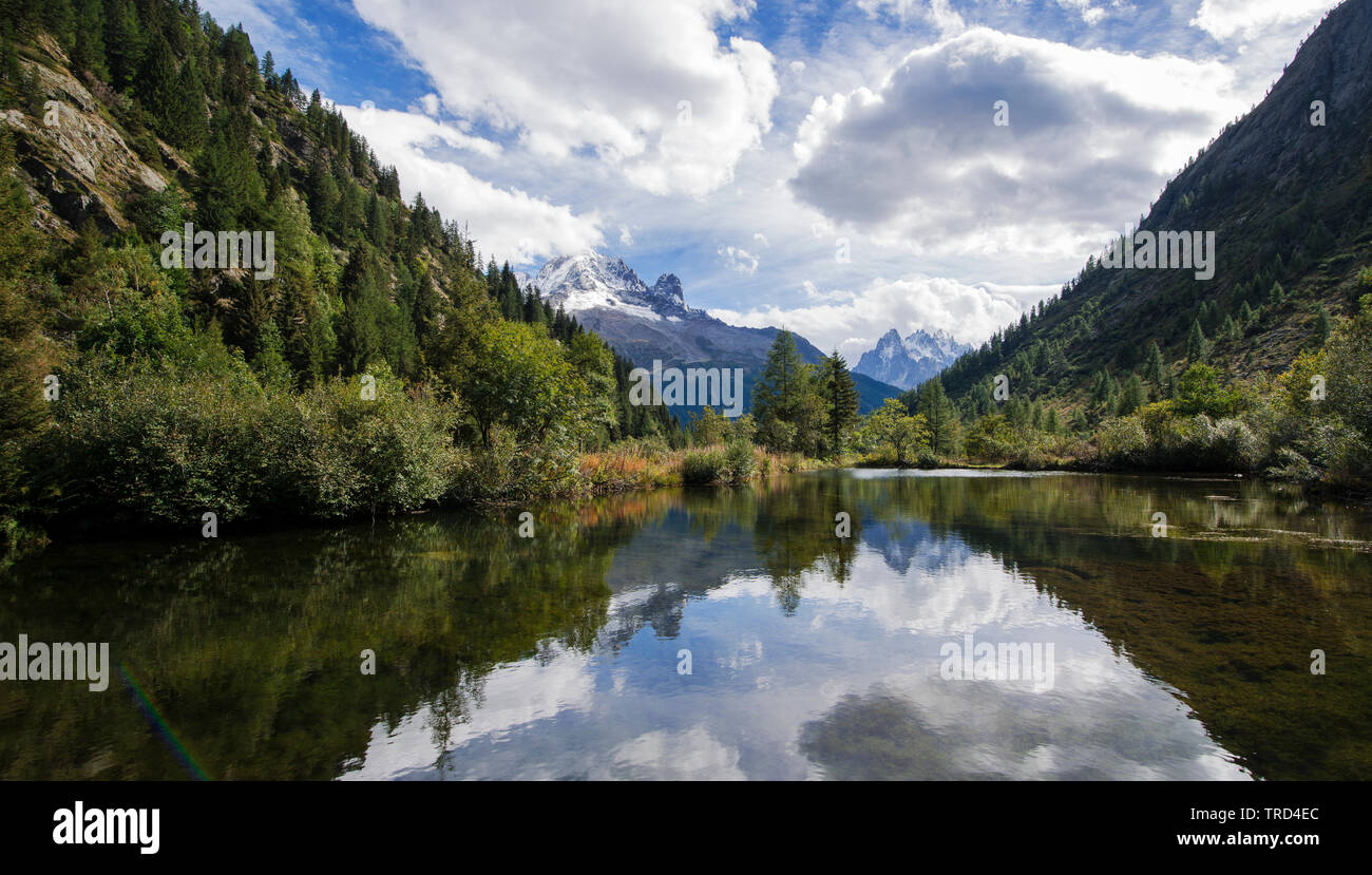 French Alps reflected in Mountain Lake, Chamonix, French Alps, Savoy, France, Europe Stock Photo