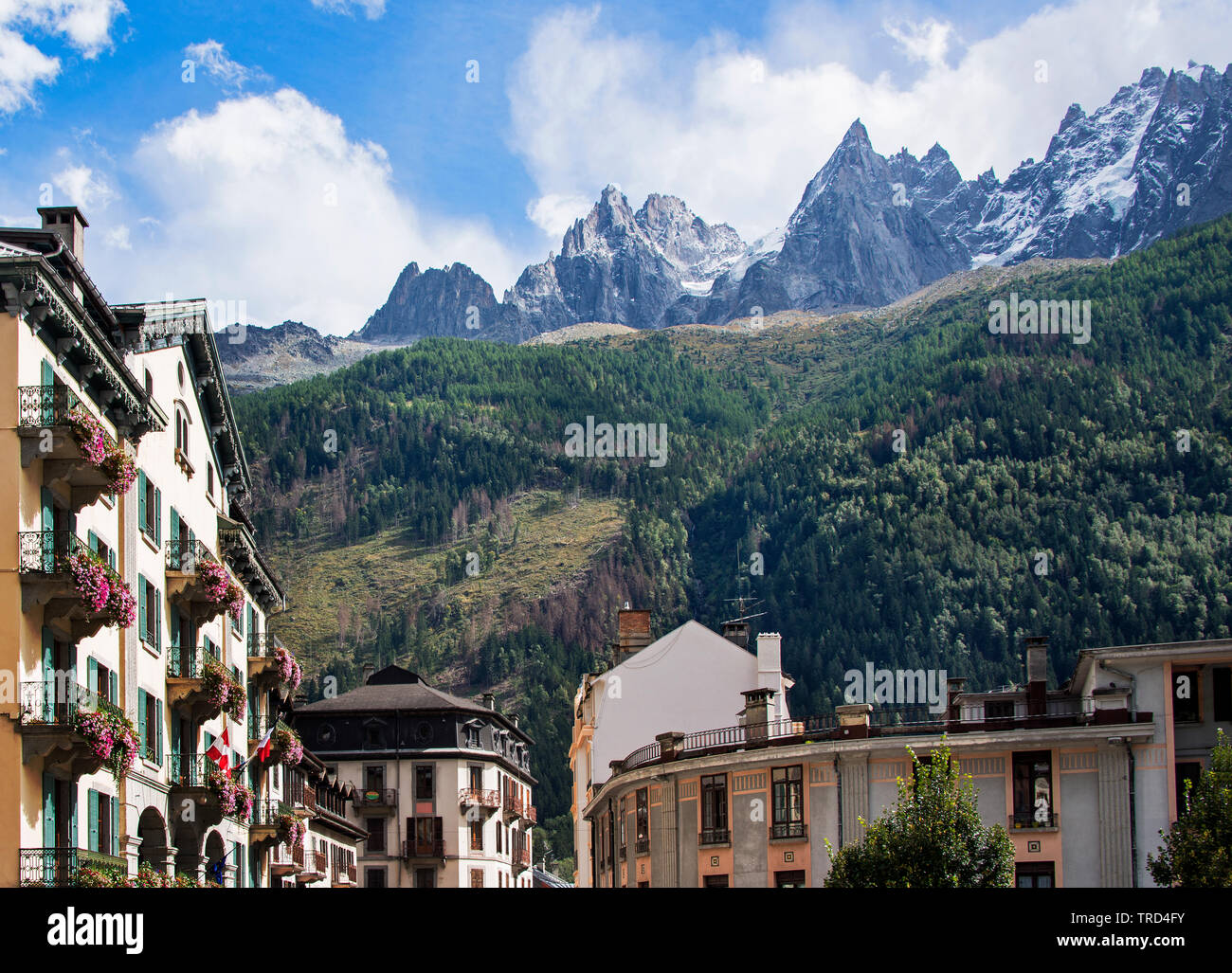 Chamonix Town Center with the snowy French Alps in the Background, French Alps, Savoy, France, Europe Stock Photo