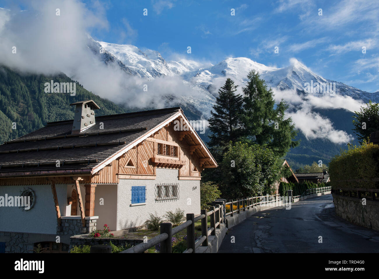 Mont Blanc above the rooftops of Chamonix, French Alps, Savoy, France, Europe with the Glacier Stock Photo