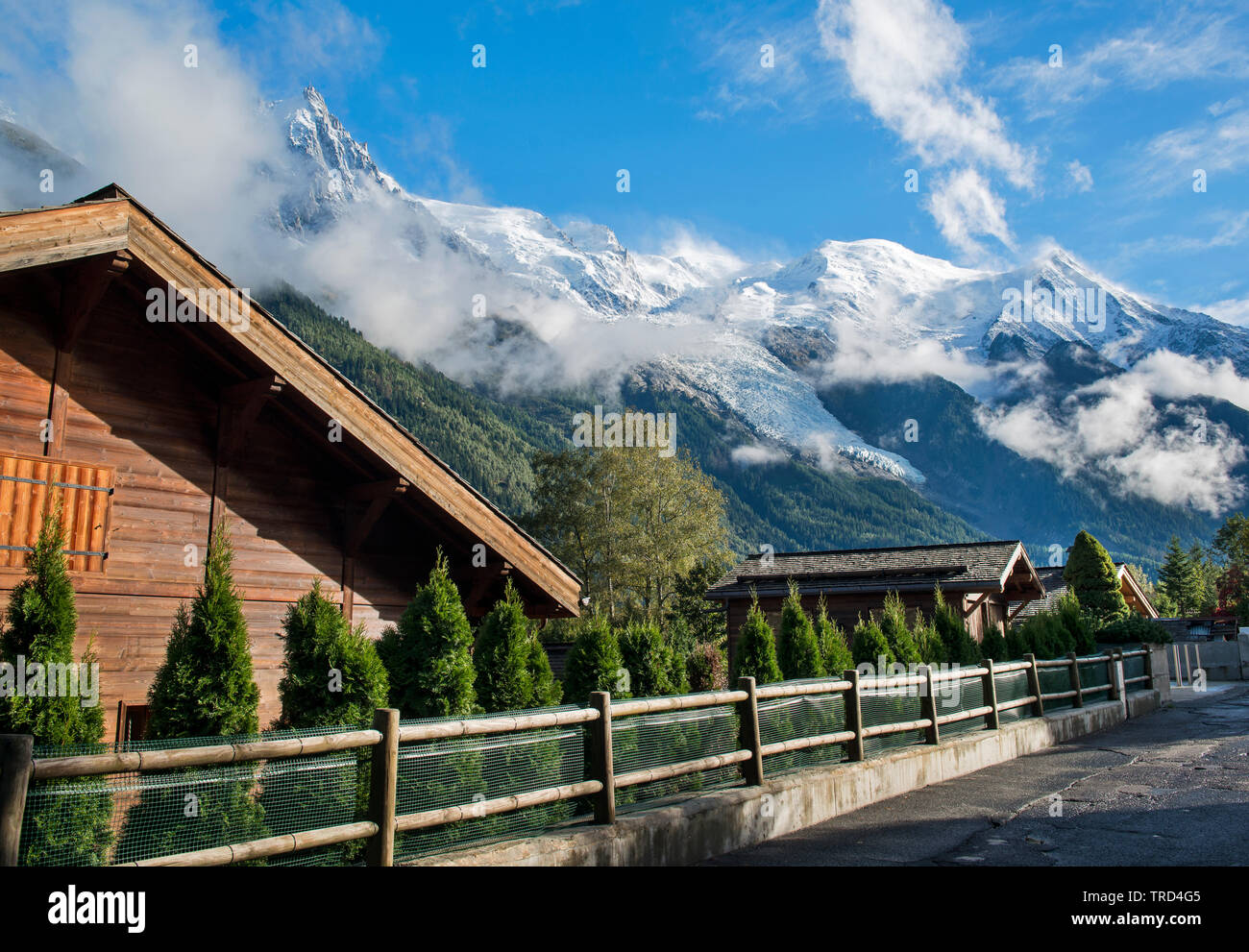 Mont Blanc above the rooftops of Chamonix, French Alps, Savoy, France, Europe with the Glacier Stock Photo