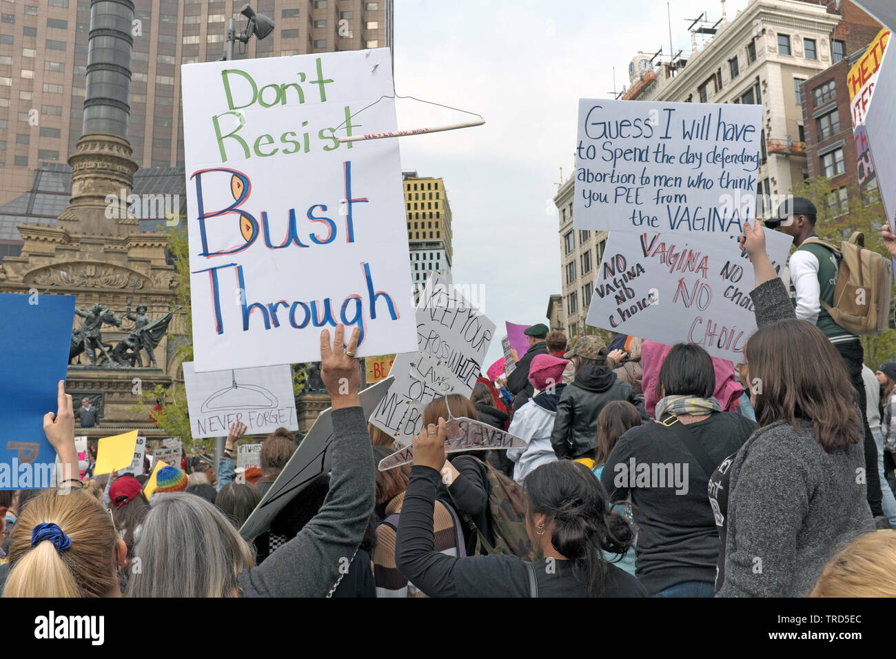 Protesters take to Public Square in downtown Cleveland, Ohio, USA to rally against changes in the Ohio abortion laws. Stock Photo