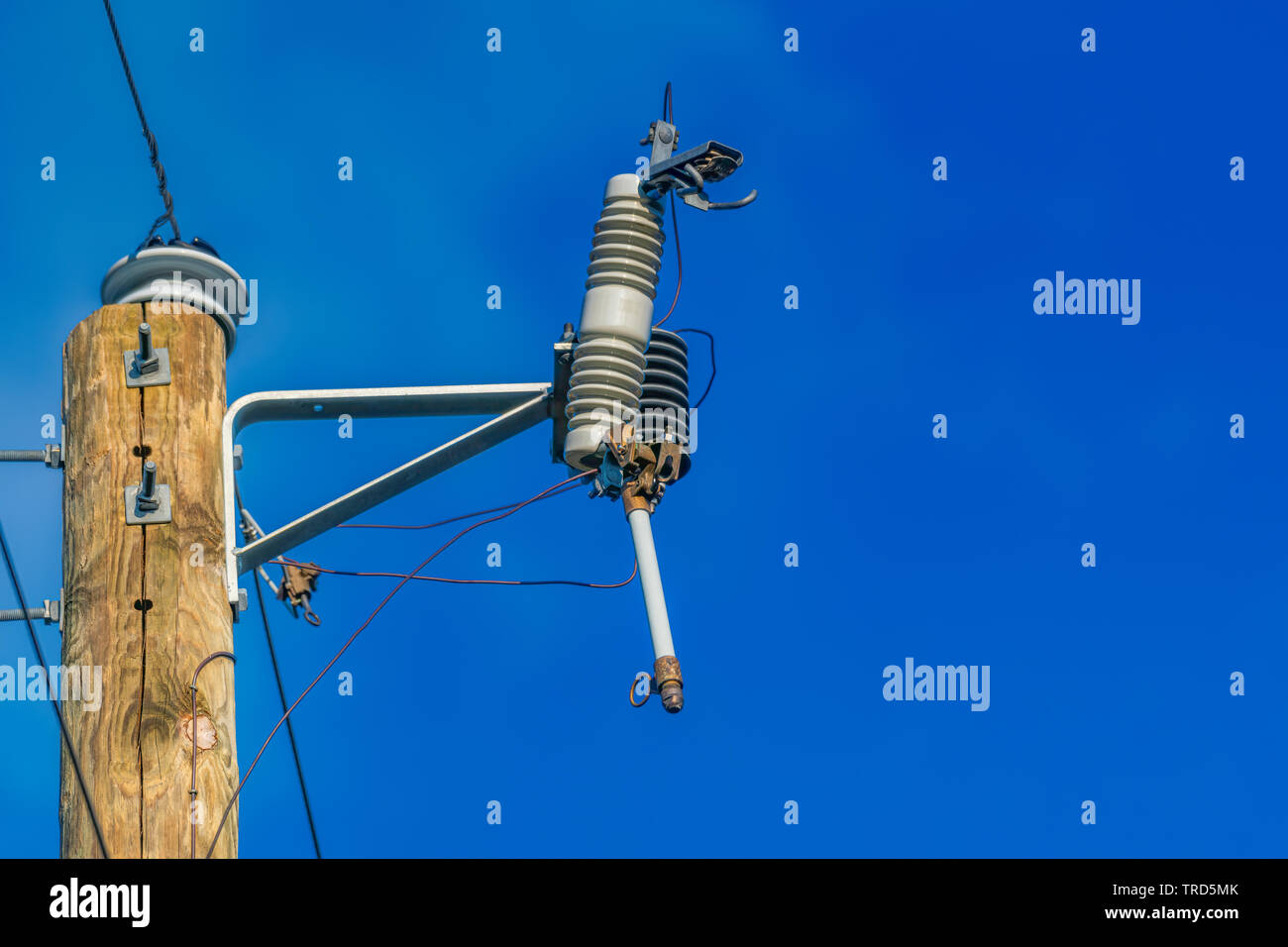 tripped line fuse on top of a telephone pole Stock Photo