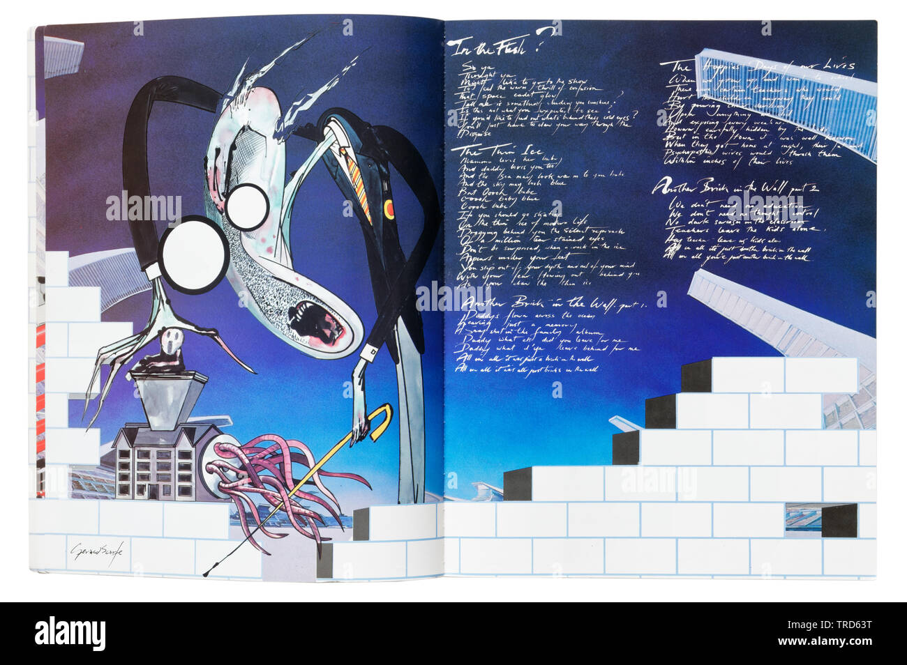 Illustrations from the film by Gerald Scarfe and song lyrics in the Pink Floyd The Wall guitar tablature book Stock Photo