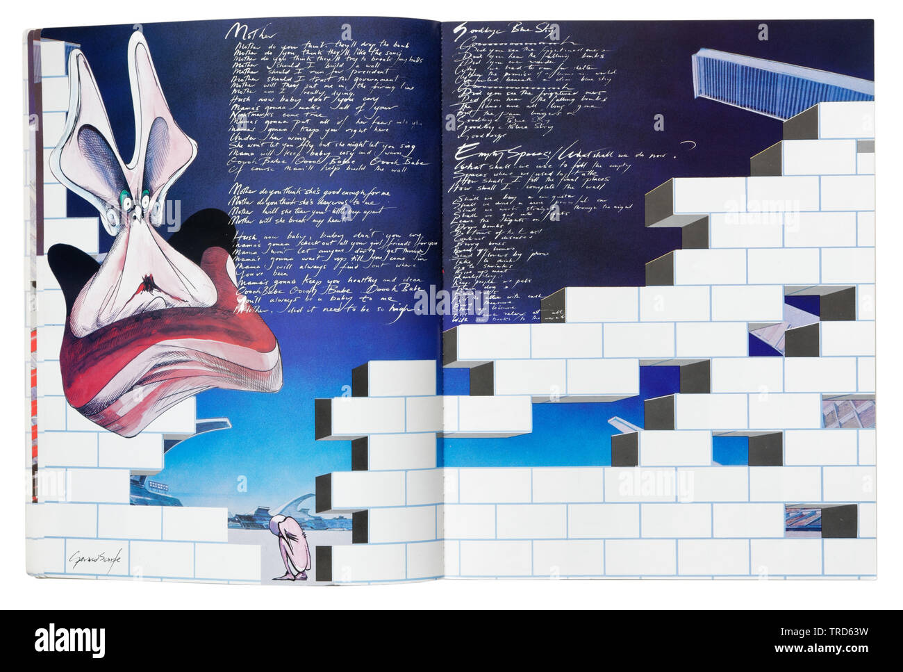 Illustrations from the film by Gerald Scarfe and song lyrics in the Pink Floyd The Wall guitar tablature book Stock Photo