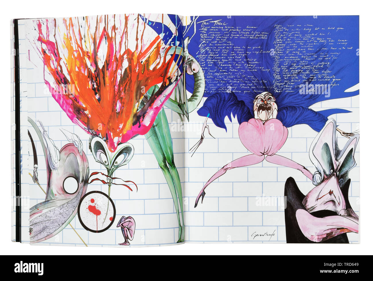 Illustrations from the film by Gerald Scarfe and song lyrics in the Pink Floyd The Wall guitar tablature book Stock Photo
