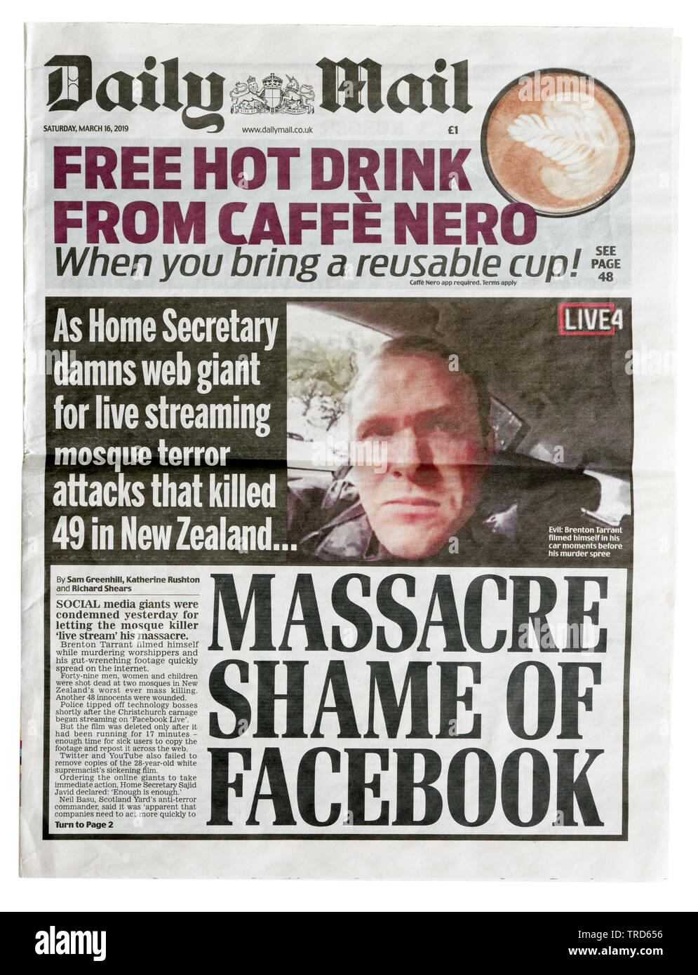 Front page of the Daily Mail from March 16 2019 with the headline Massacre Shame of Facebook Stock Photo