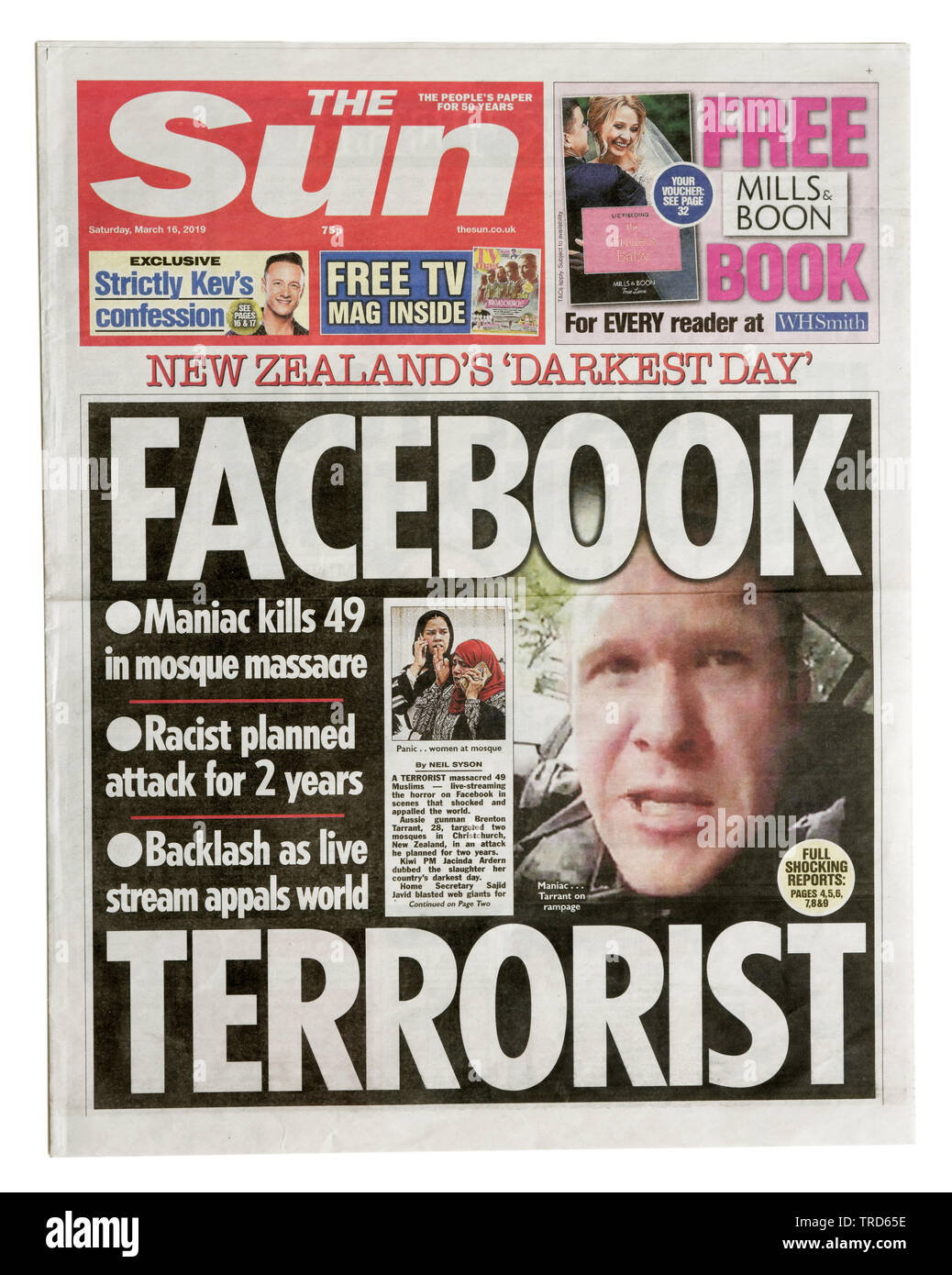 Front page of the Sun from March 16 2019 with the headline Facebook Terrorist Stock Photo