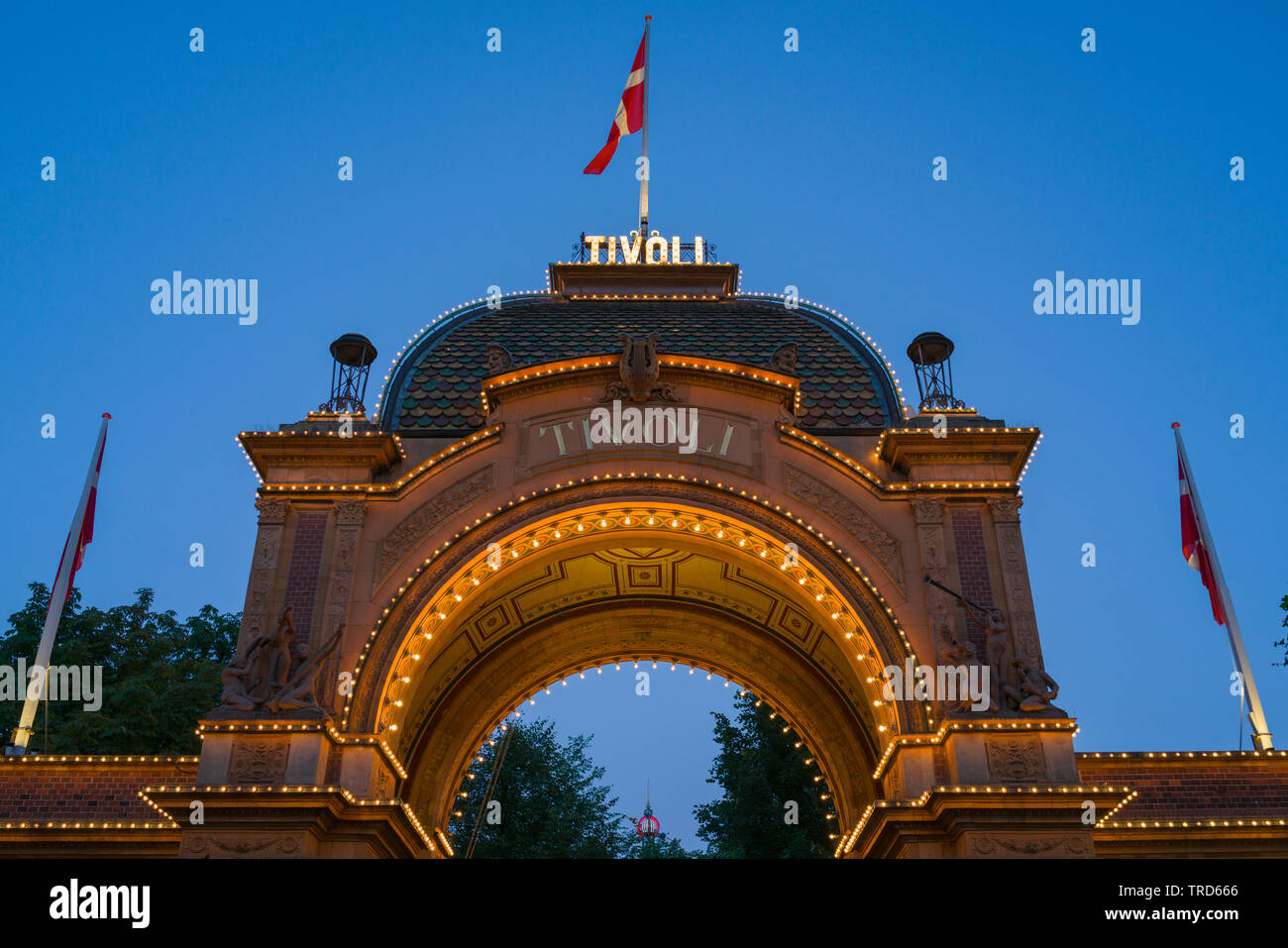 Gate at Tivoli Gardens in Copenhagen at dusk Stock Photo