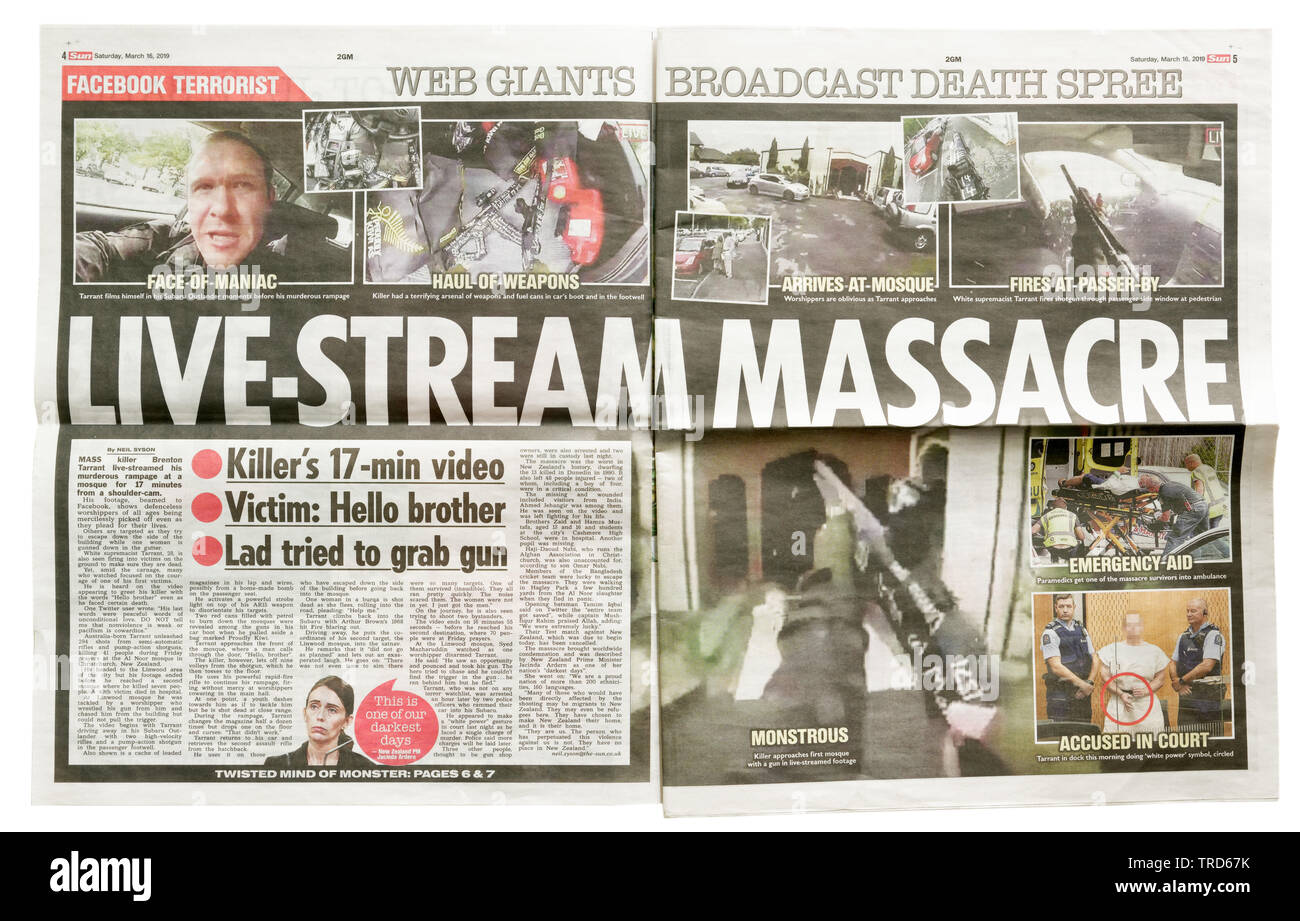 Inside page of the Sun from March 16 2019 with details of the massacre of 49 muslims in Christchurch, New Zealand Stock Photo