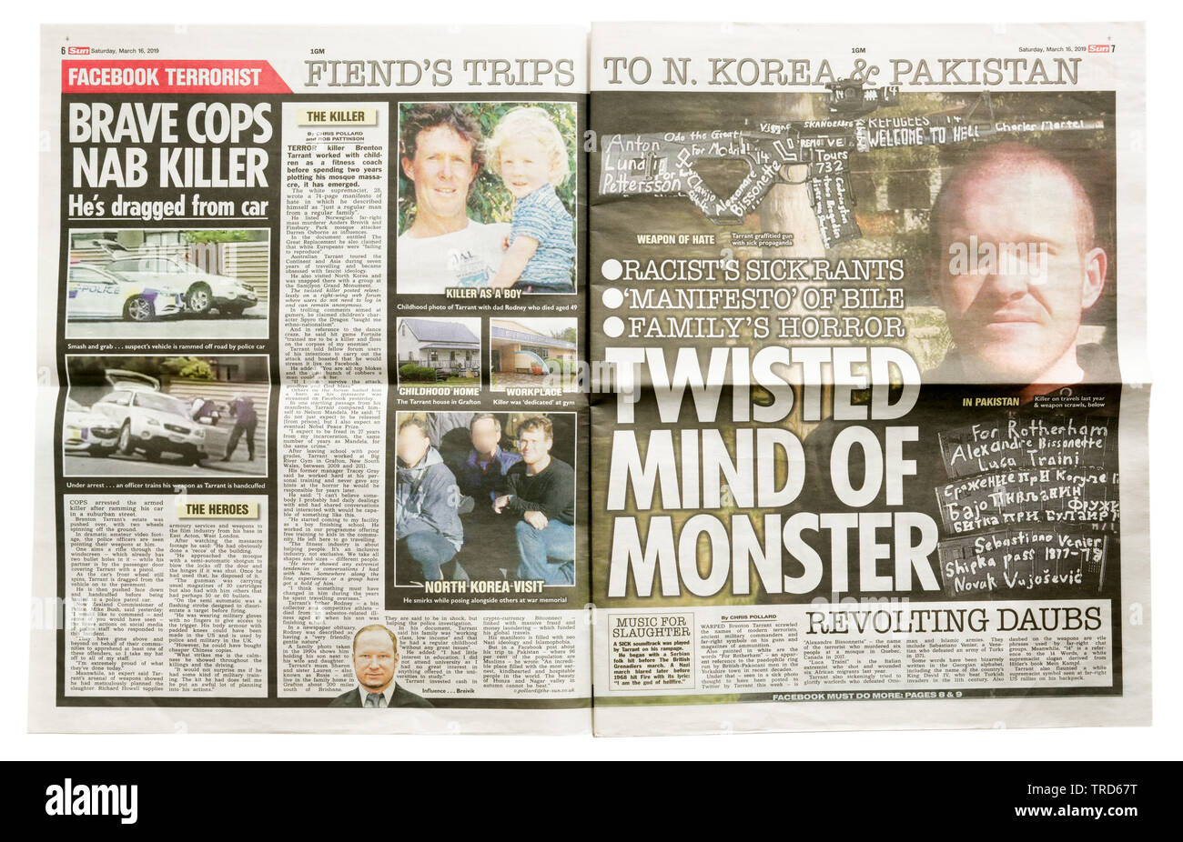 Inside page of the Sun from March 16 2019 with details of the massacre of 49 muslims in Christchurch, New Zealand Stock Photo